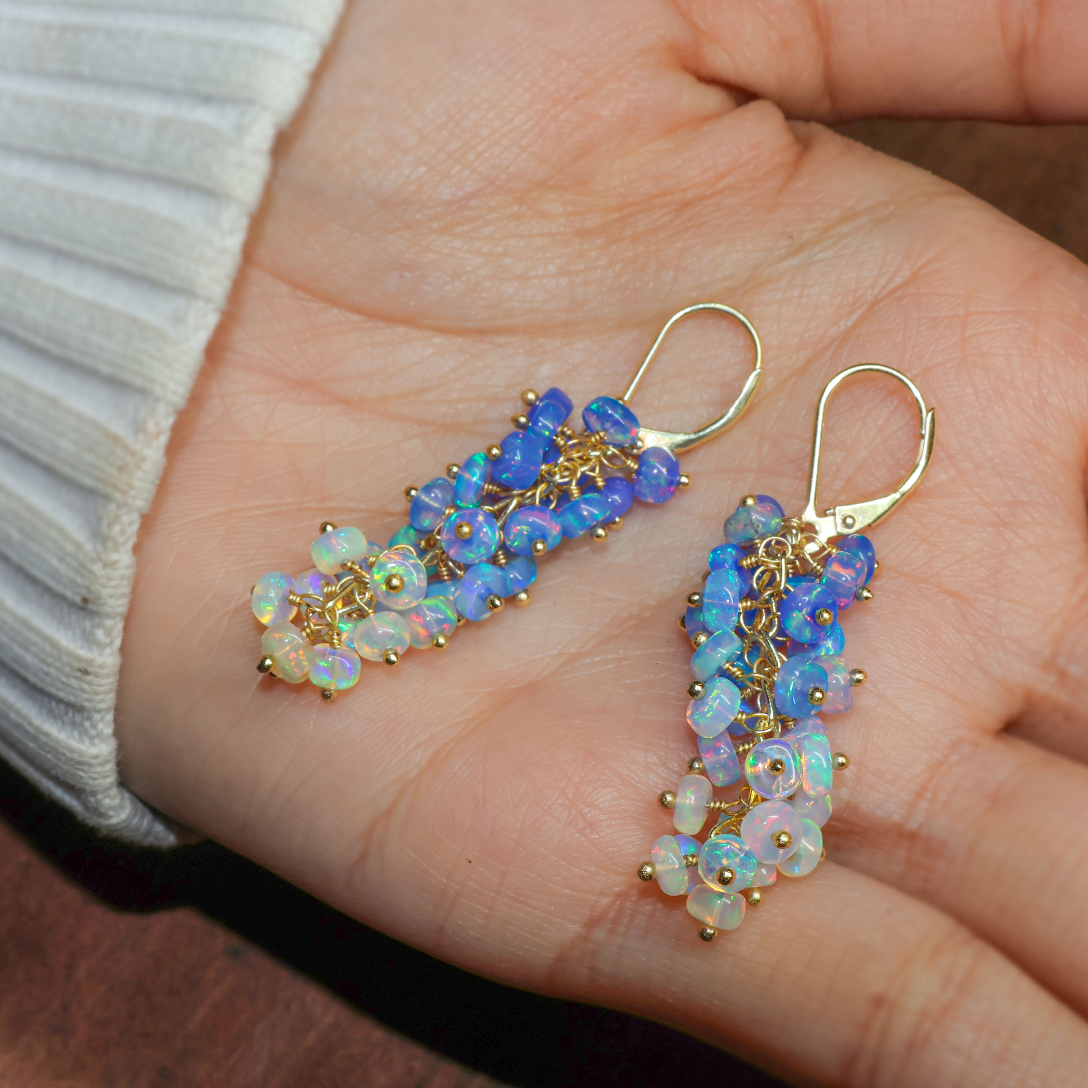 Natural Blue Opal Shaded Beads Cluster Handmade Earrings