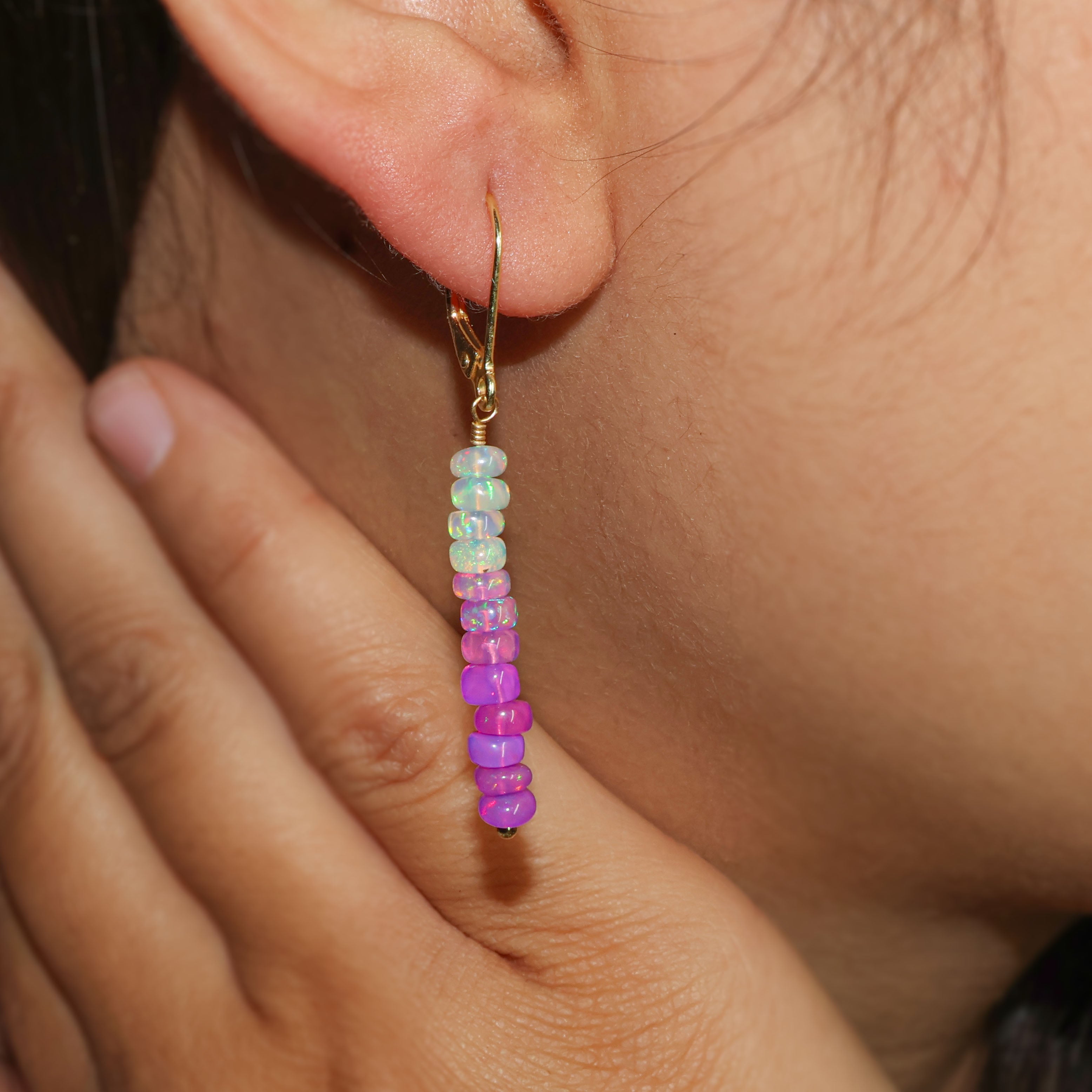 Natural Purple Opal Linear Beaded Dangle Drop Earrings