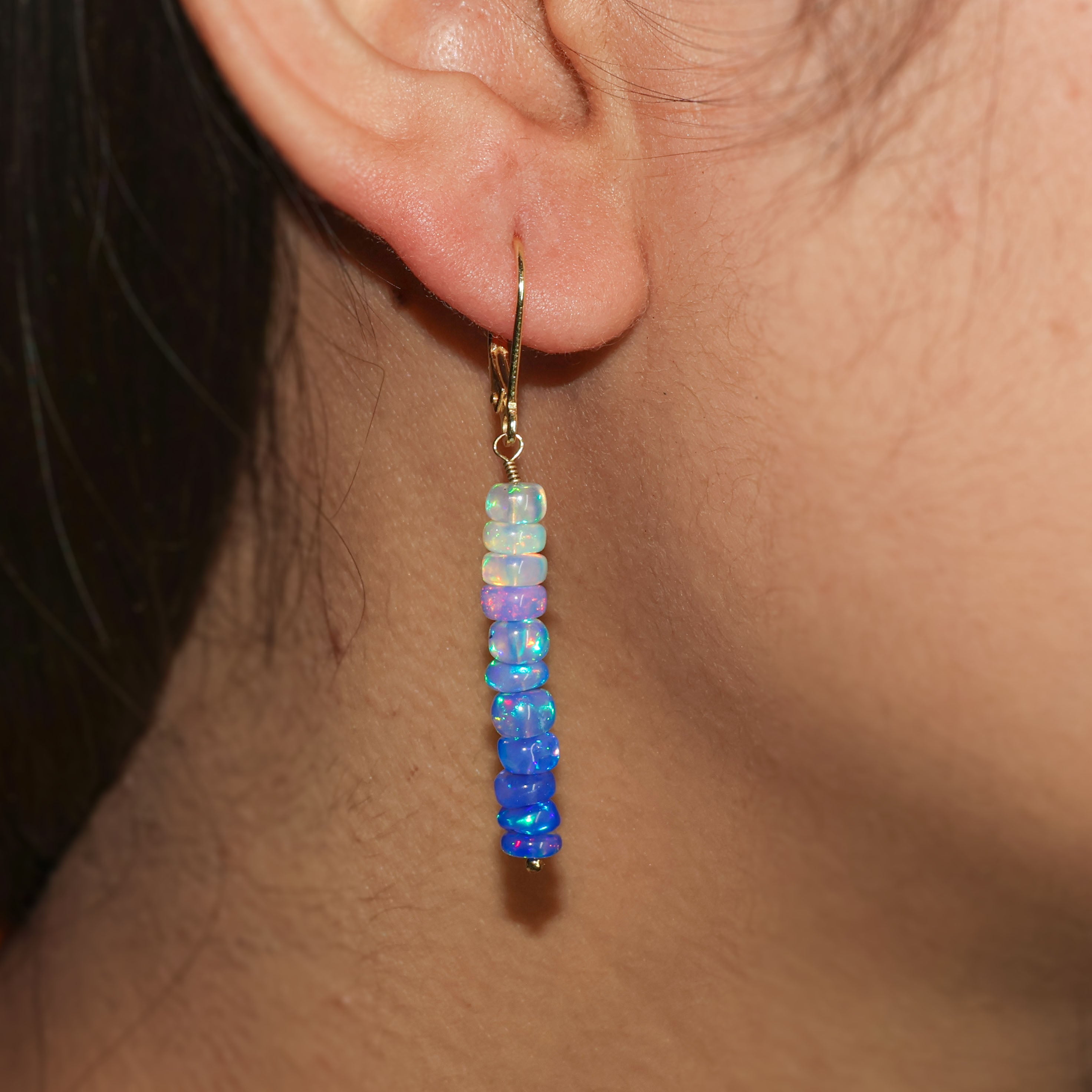 Natural Blue Opal Linear Beaded Dangle Drop Earrings
