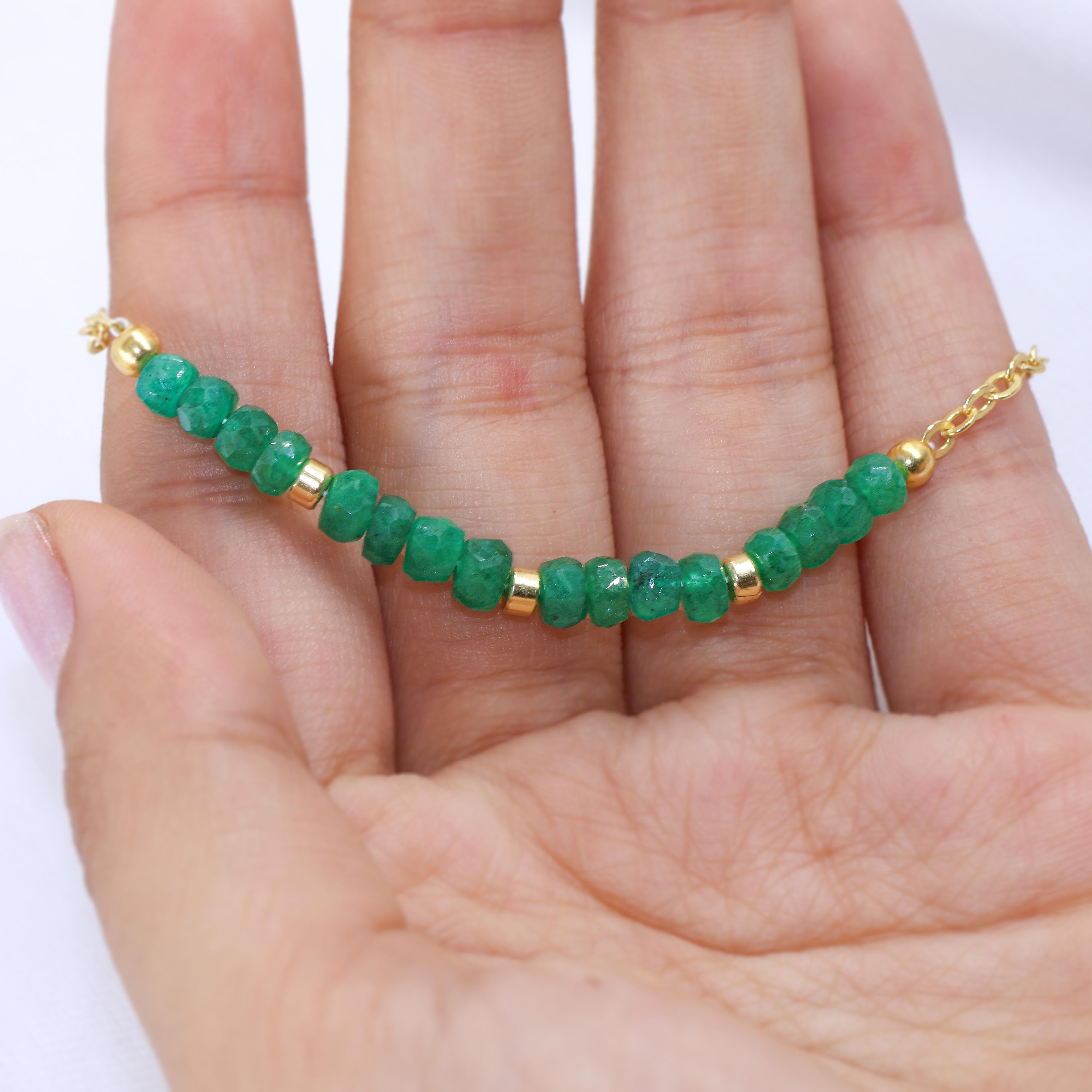 Natural Authentic Emerald beaded Gold vermeil and silver bracelet