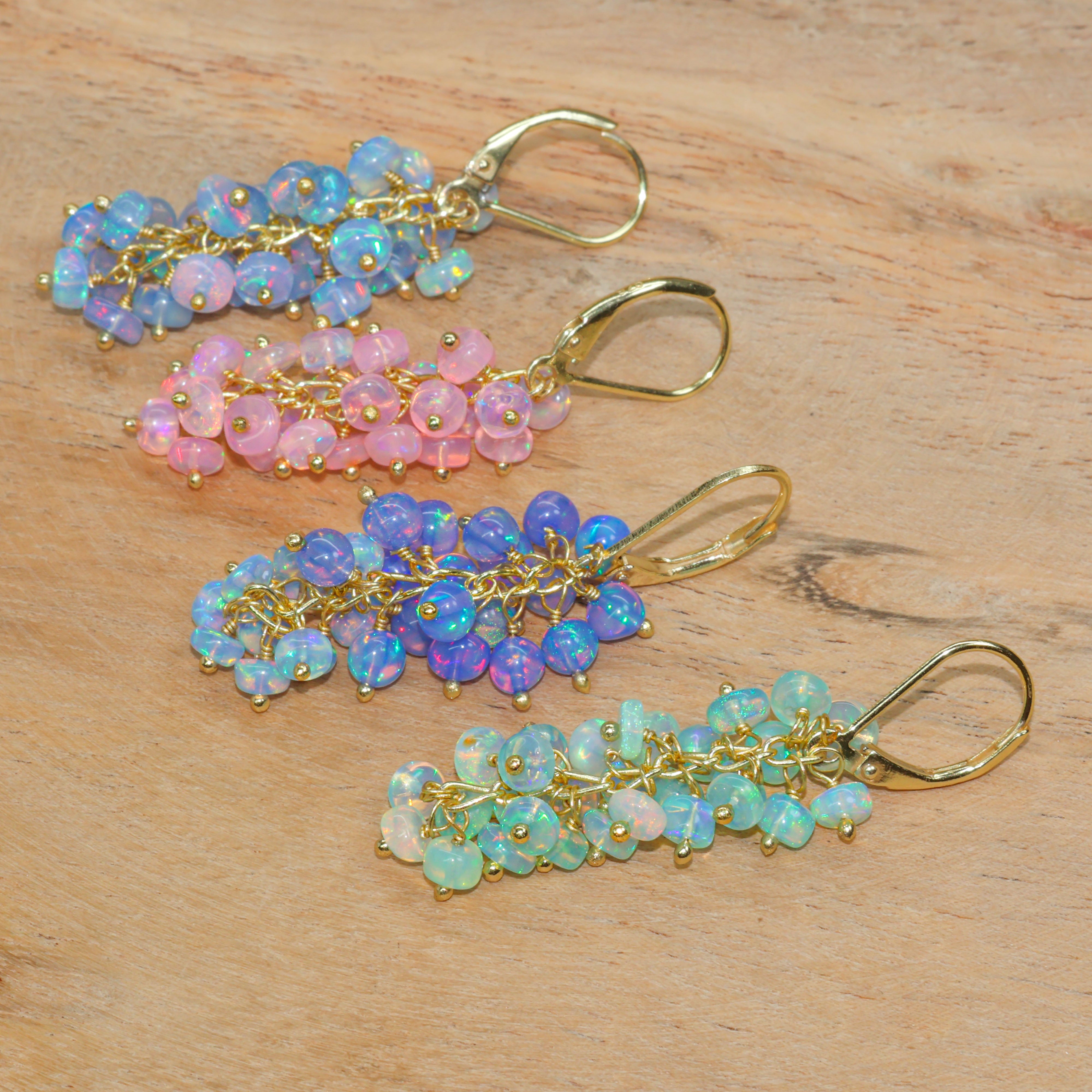 Natural Blue Opal Beaded Cluster Dangle Earrings