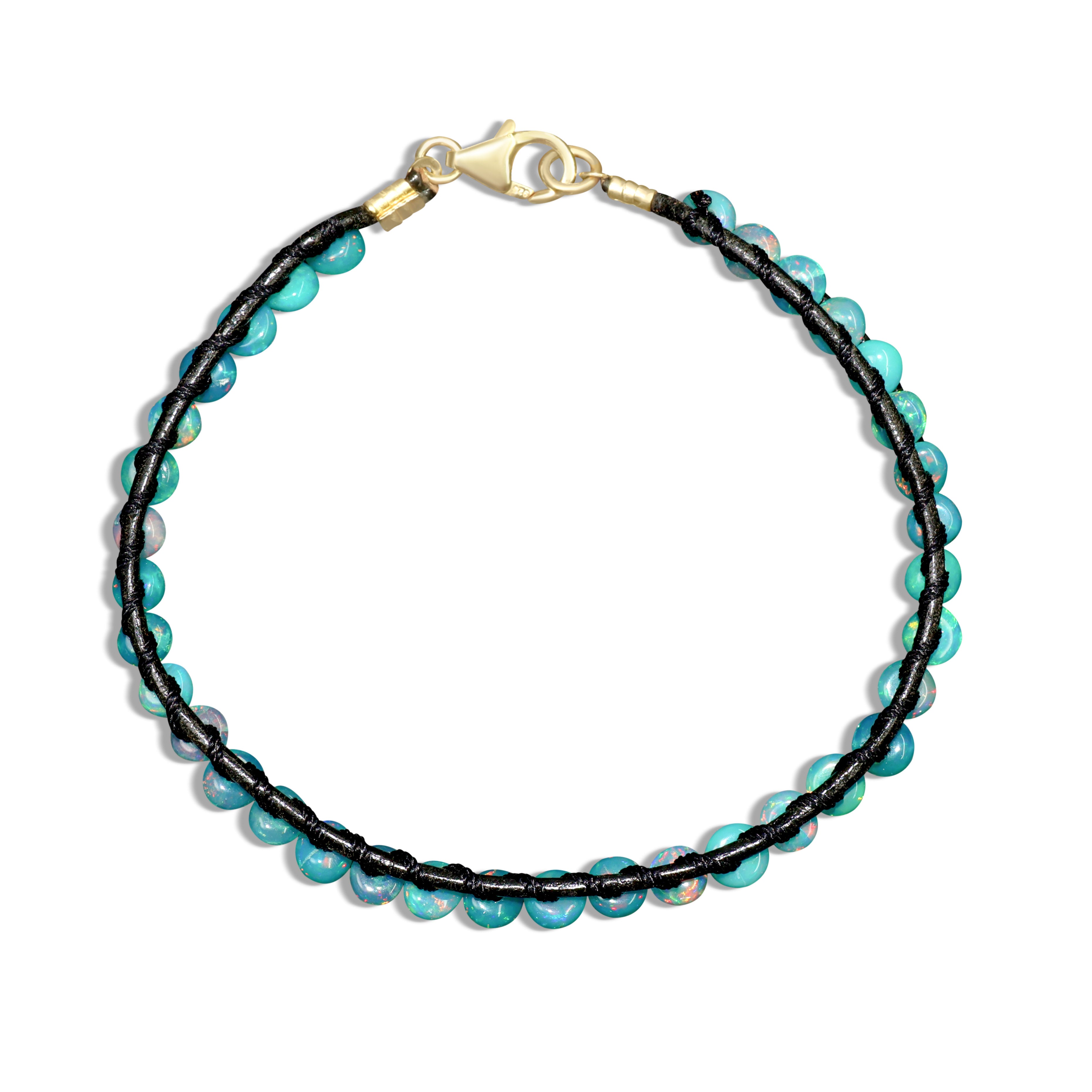 Natural Paraiba Opal Beads With Black Genuine Leather Cord Bracelet 