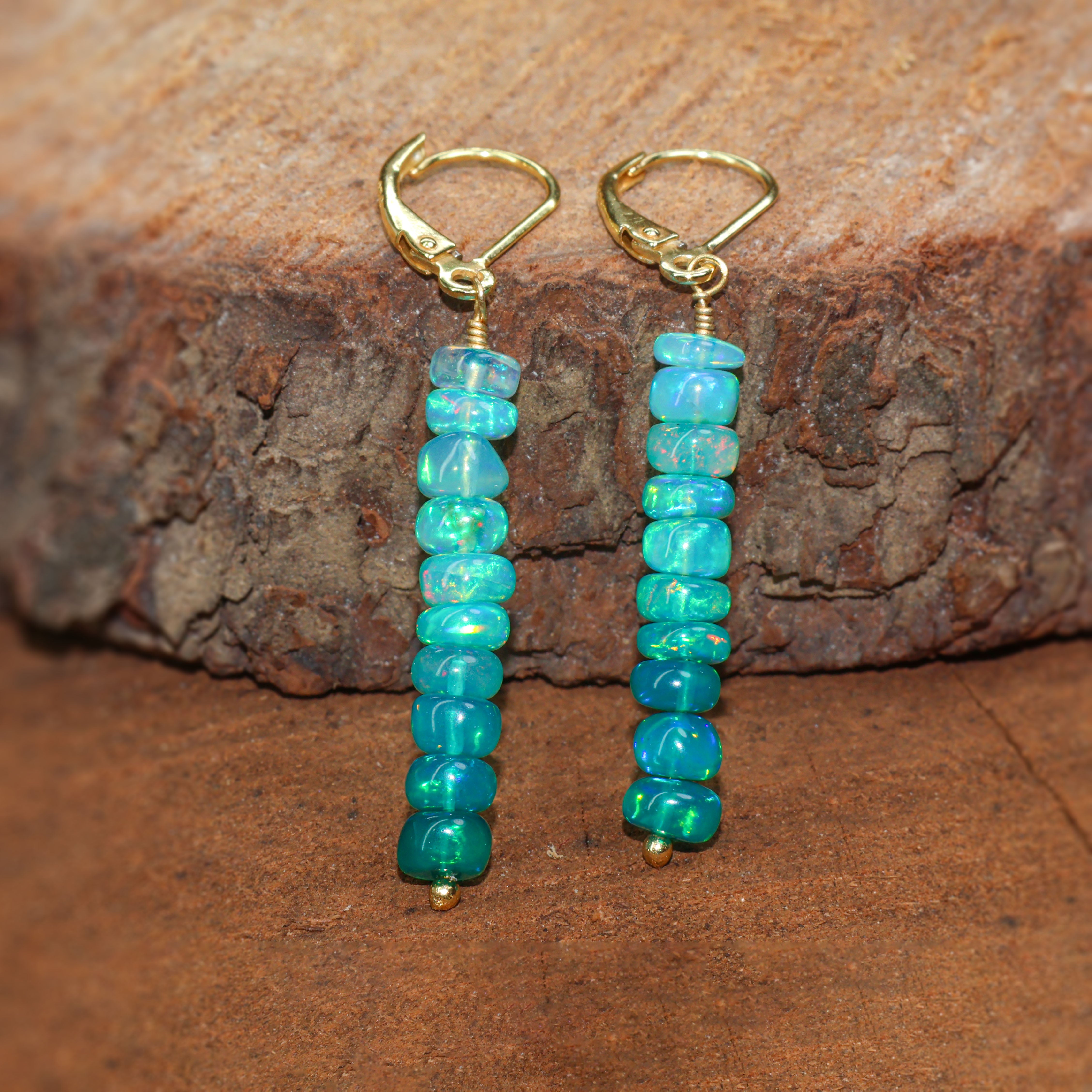 Natural Paraiba Opal Linear Beaded Dangle Drop Earrings