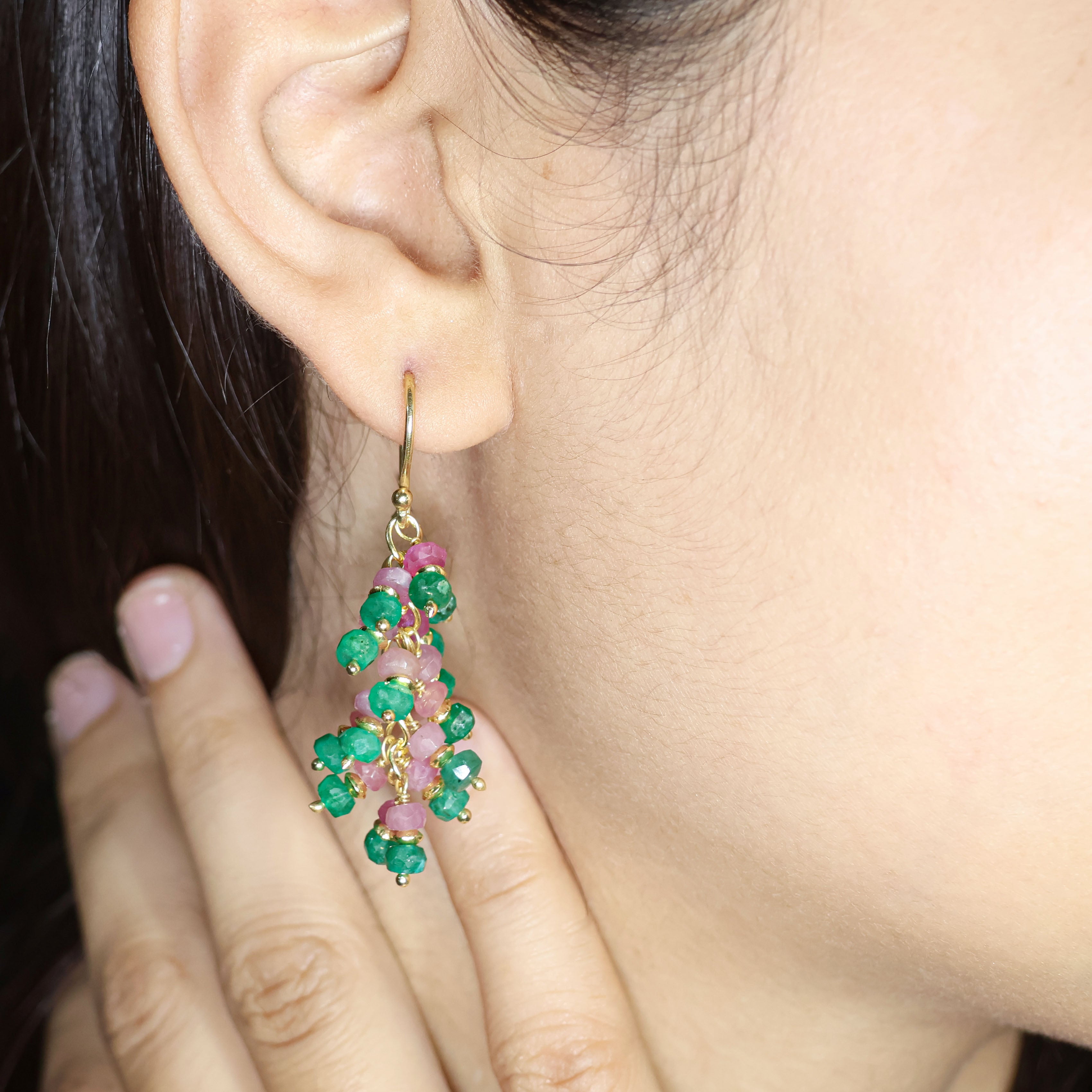 Faceted Natural Emerald Ruby French Hook Beaded Cluster Earrings