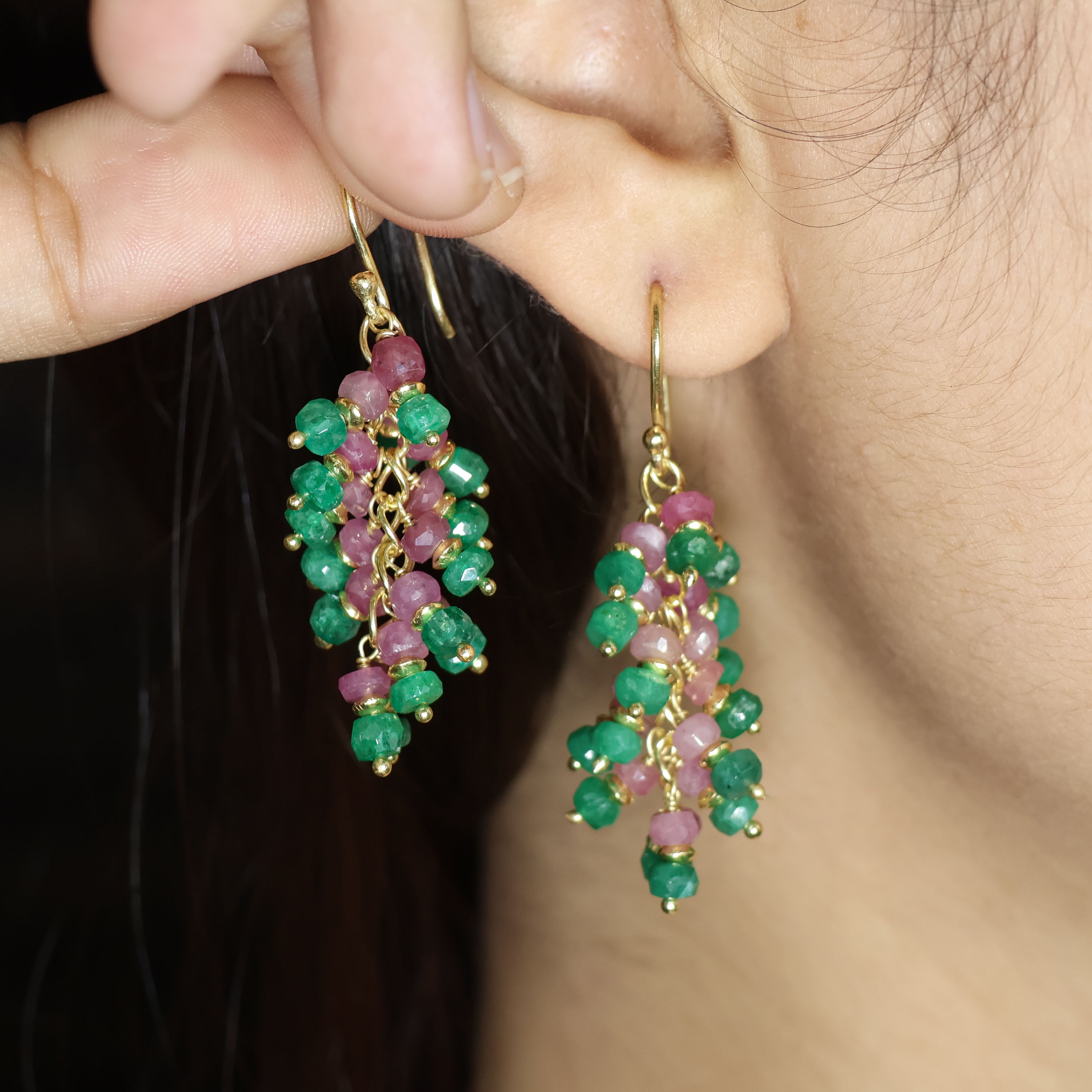 Faceted Natural Emerald Ruby French Hook Beaded Cluster Earrings