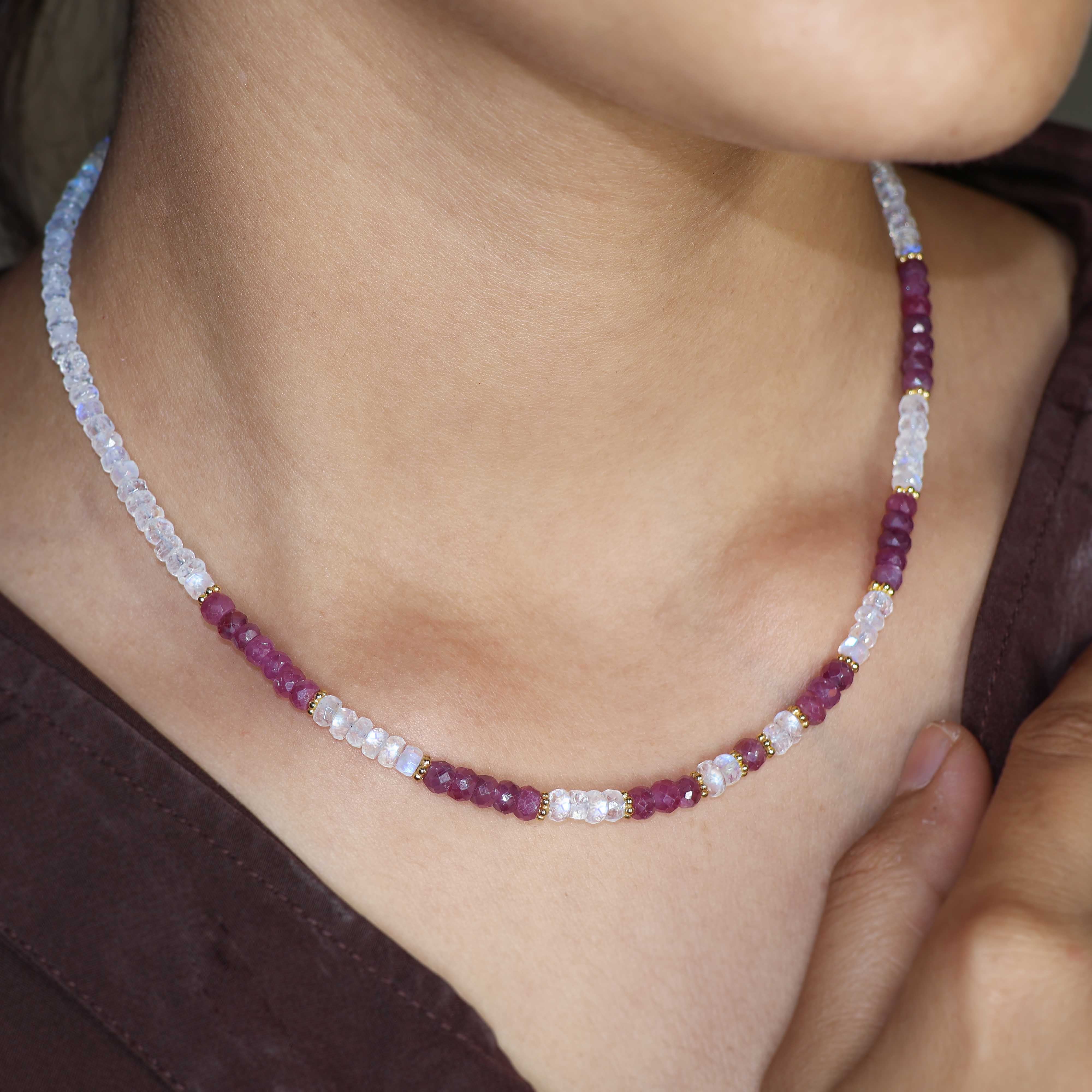 Faceted Beads Natural Ruby and Moonstone Beaded Necklace