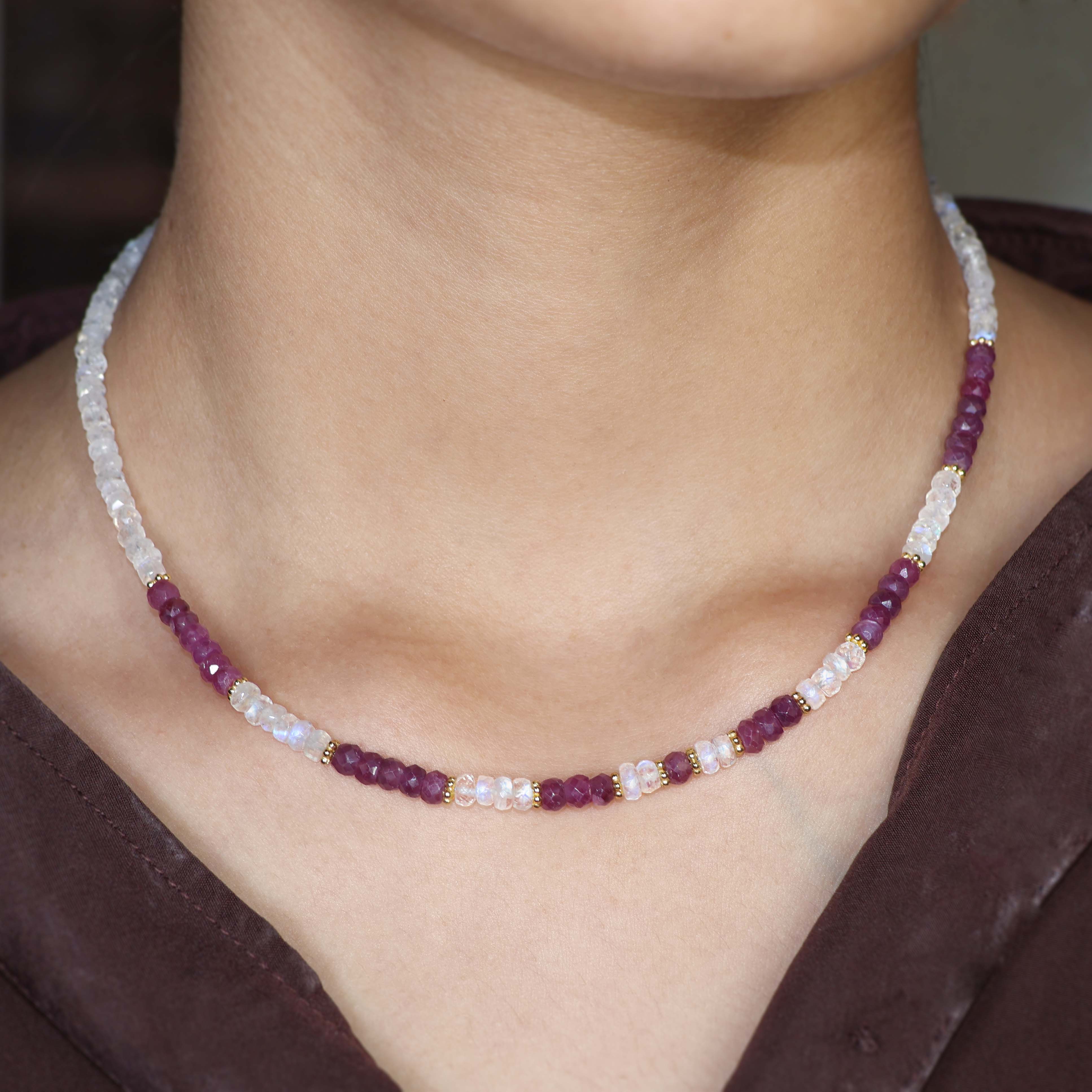 Faceted Beads Natural Ruby and Moonstone Beaded Necklace