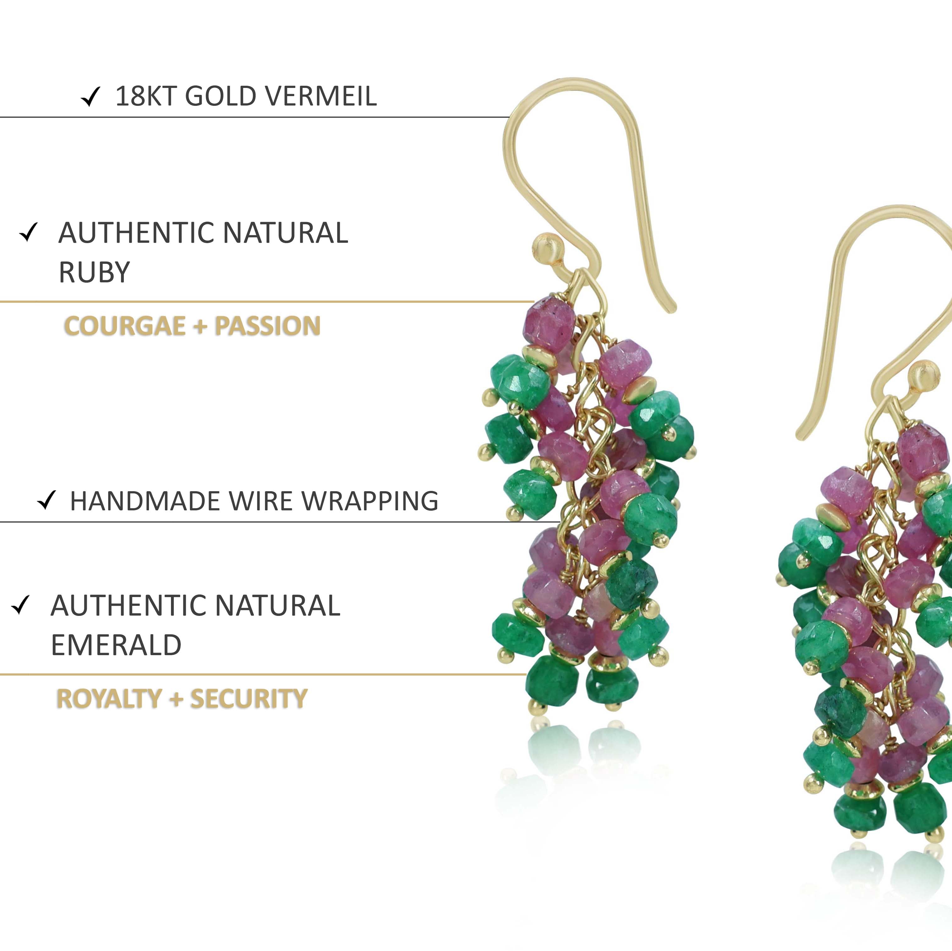 Faceted Natural Emerald Ruby French Hook Beaded Cluster Earrings