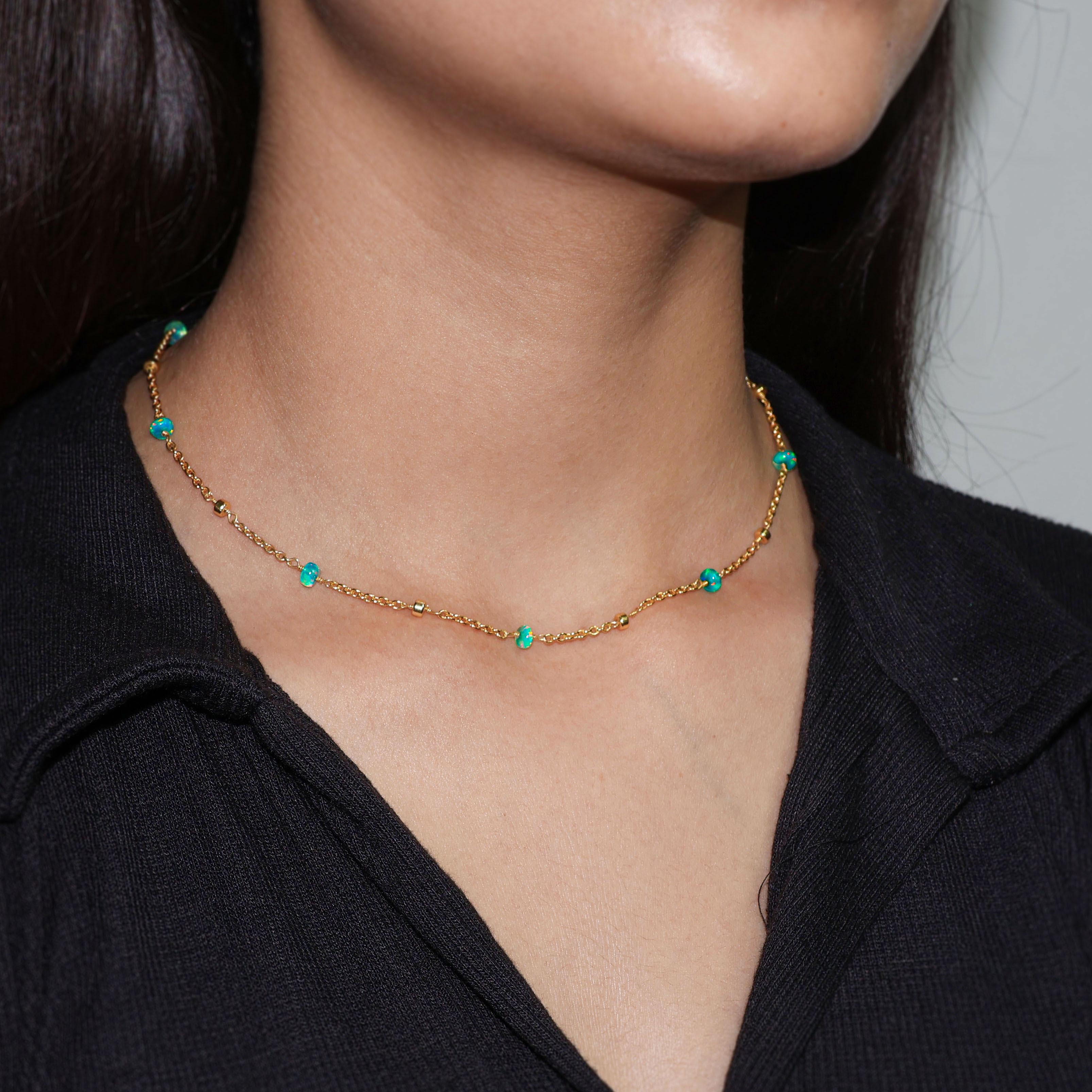 Natural Green Opal Beaded Chain Necklace for Women