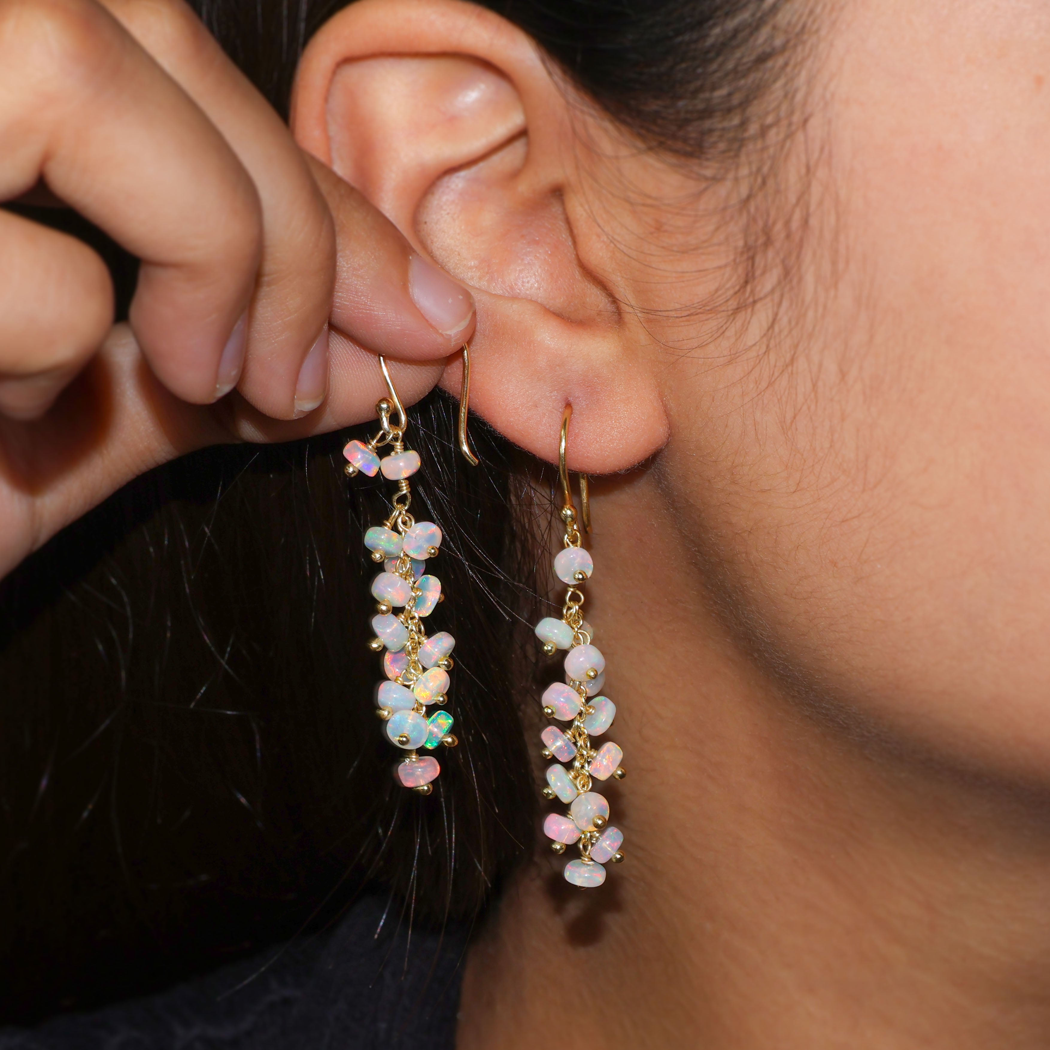 Natural White Opal Beaded Long Cluster Dangle Earrings