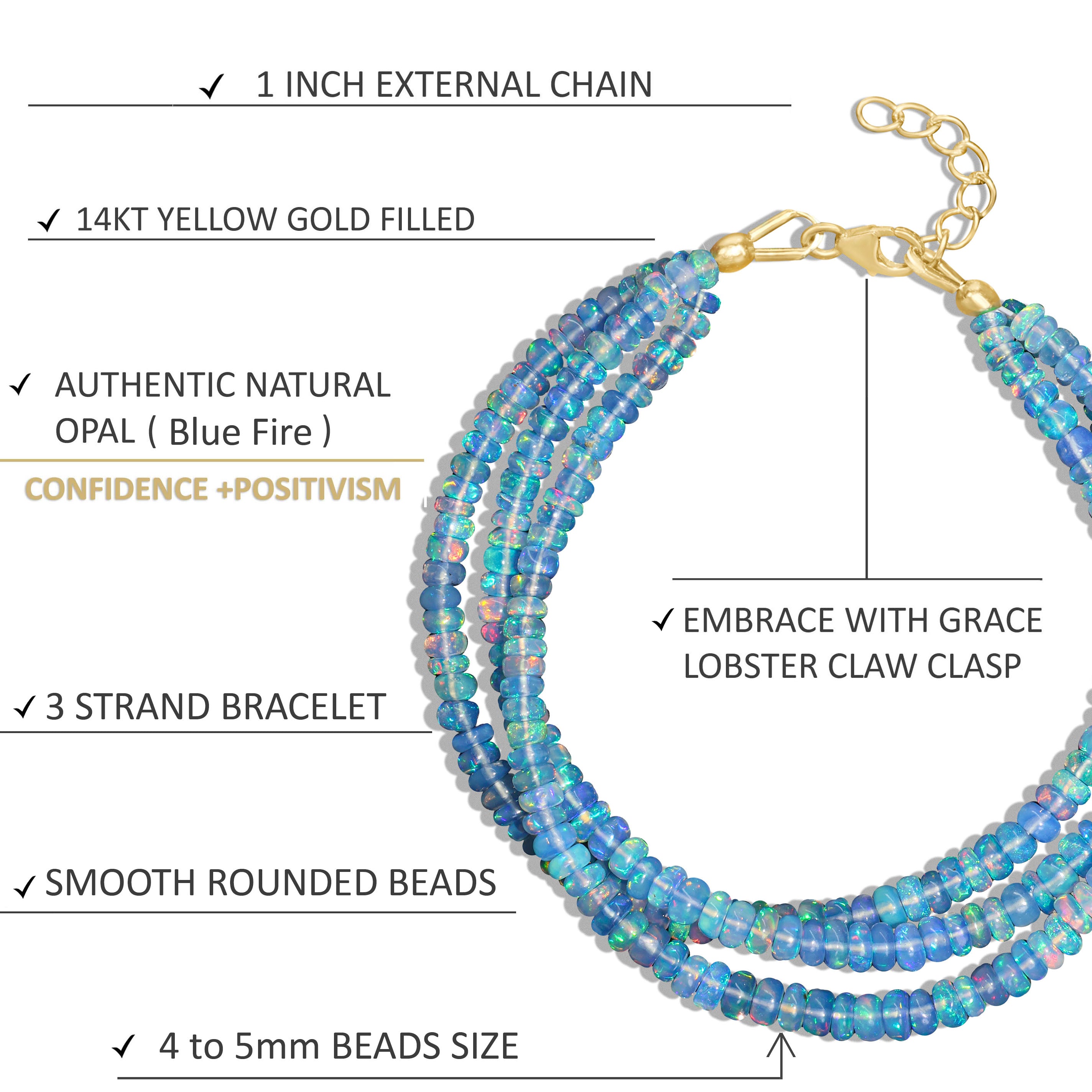 Natural Blue Opal 3 Strand Plain Beaded Bracelet