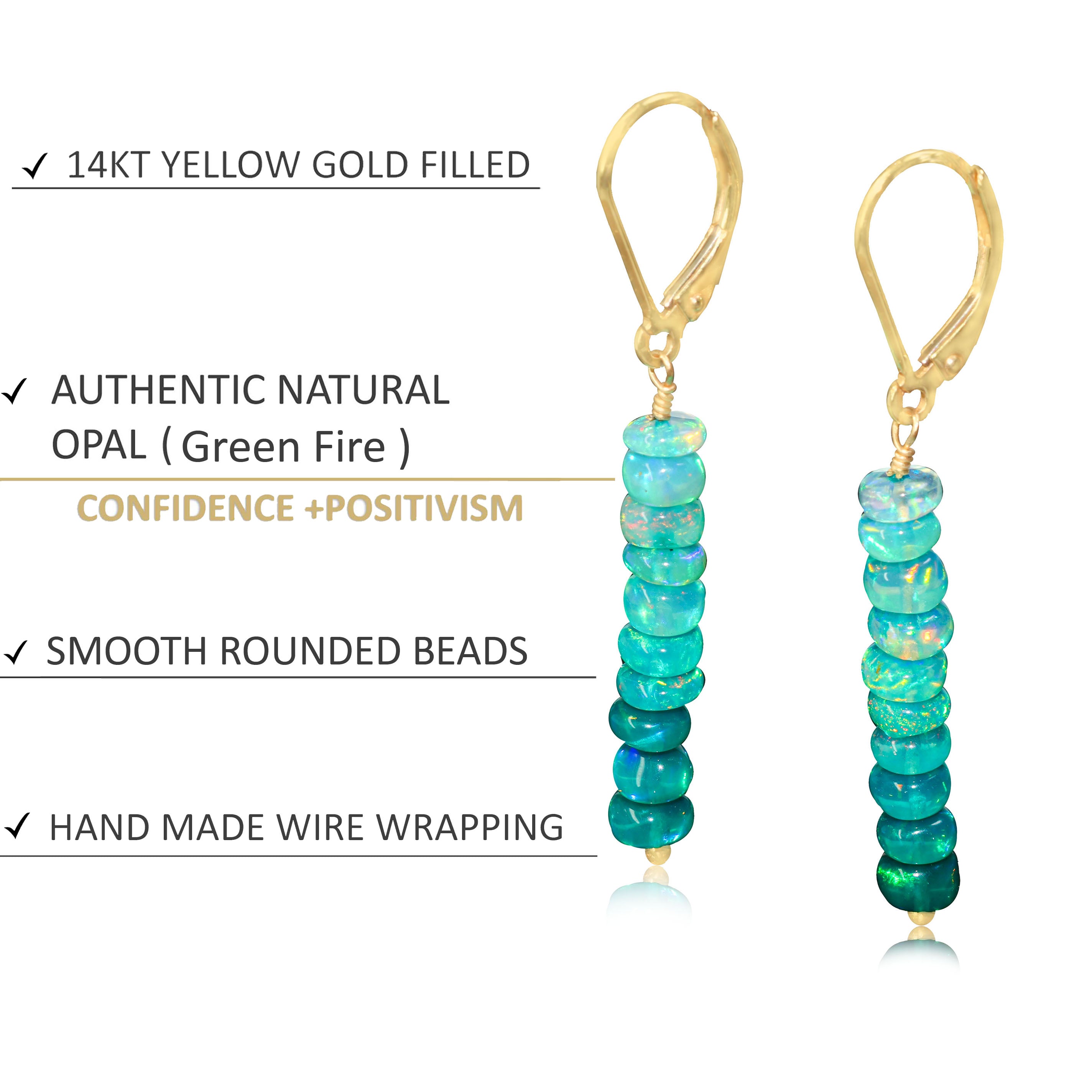 Natural Green Opal Linear Beaded Dangle Drop Earrings