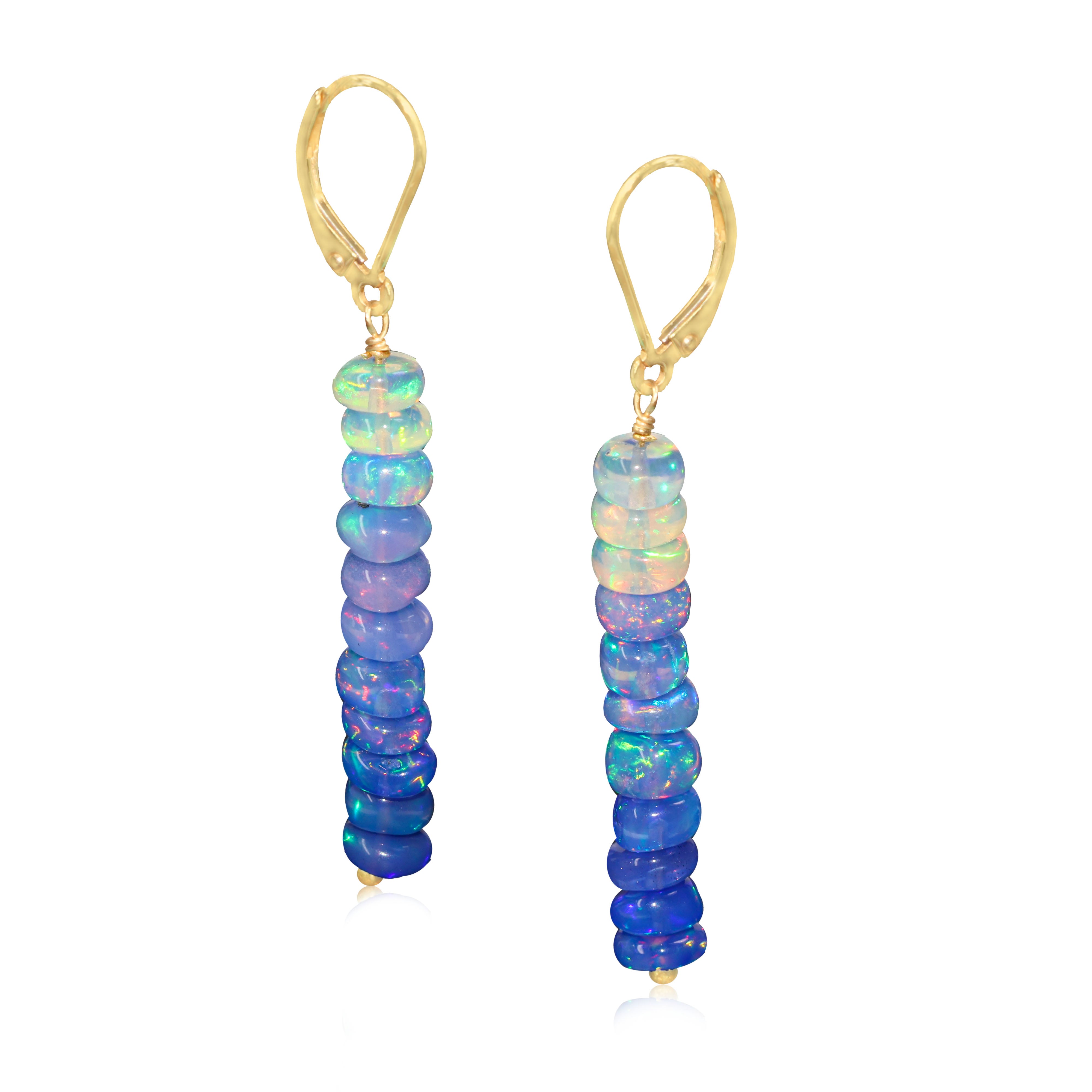 Natural Blue Opal Linear Beaded Dangle Drop Earrings