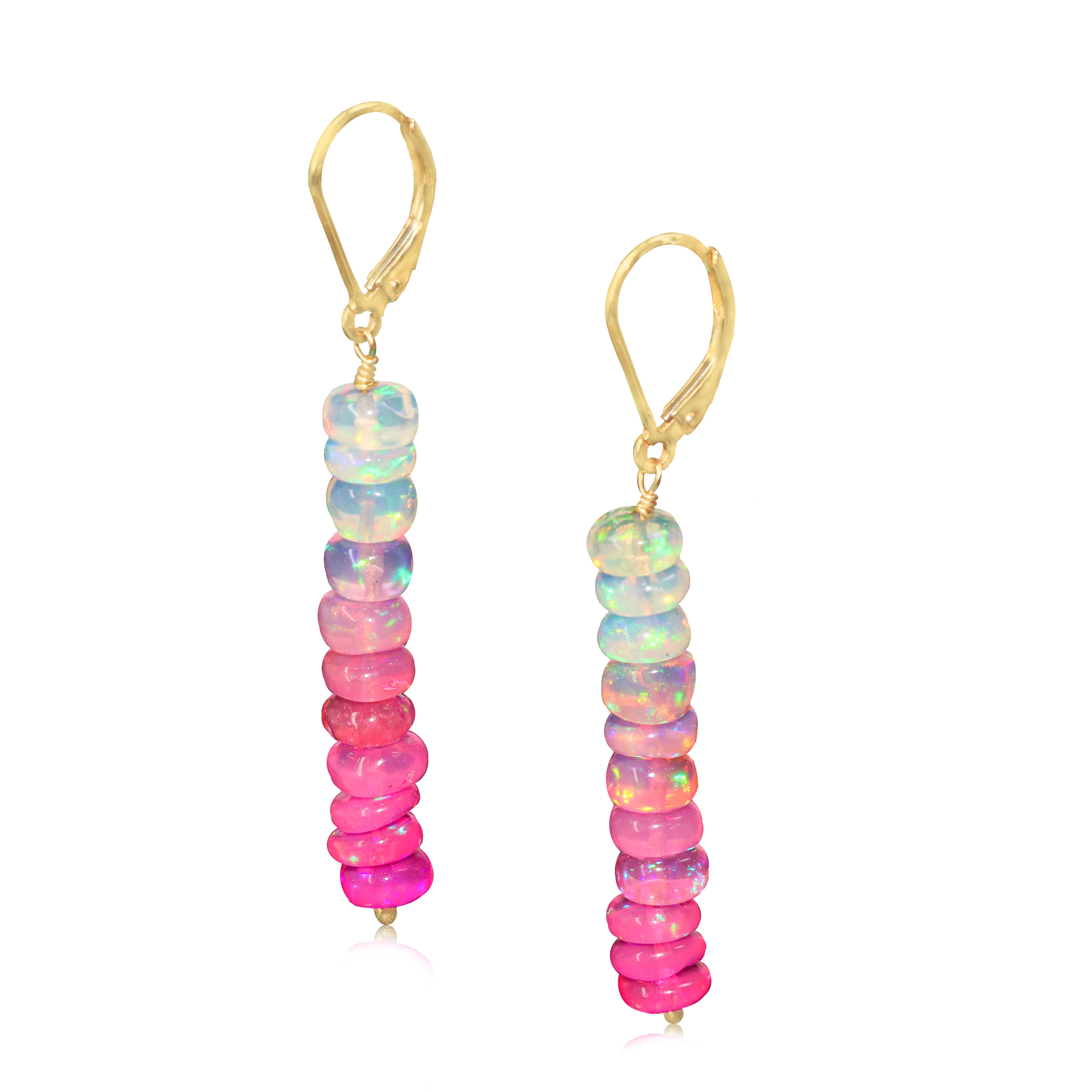 Natural Pink Opal Linear Beaded Dangle Drop Earrings