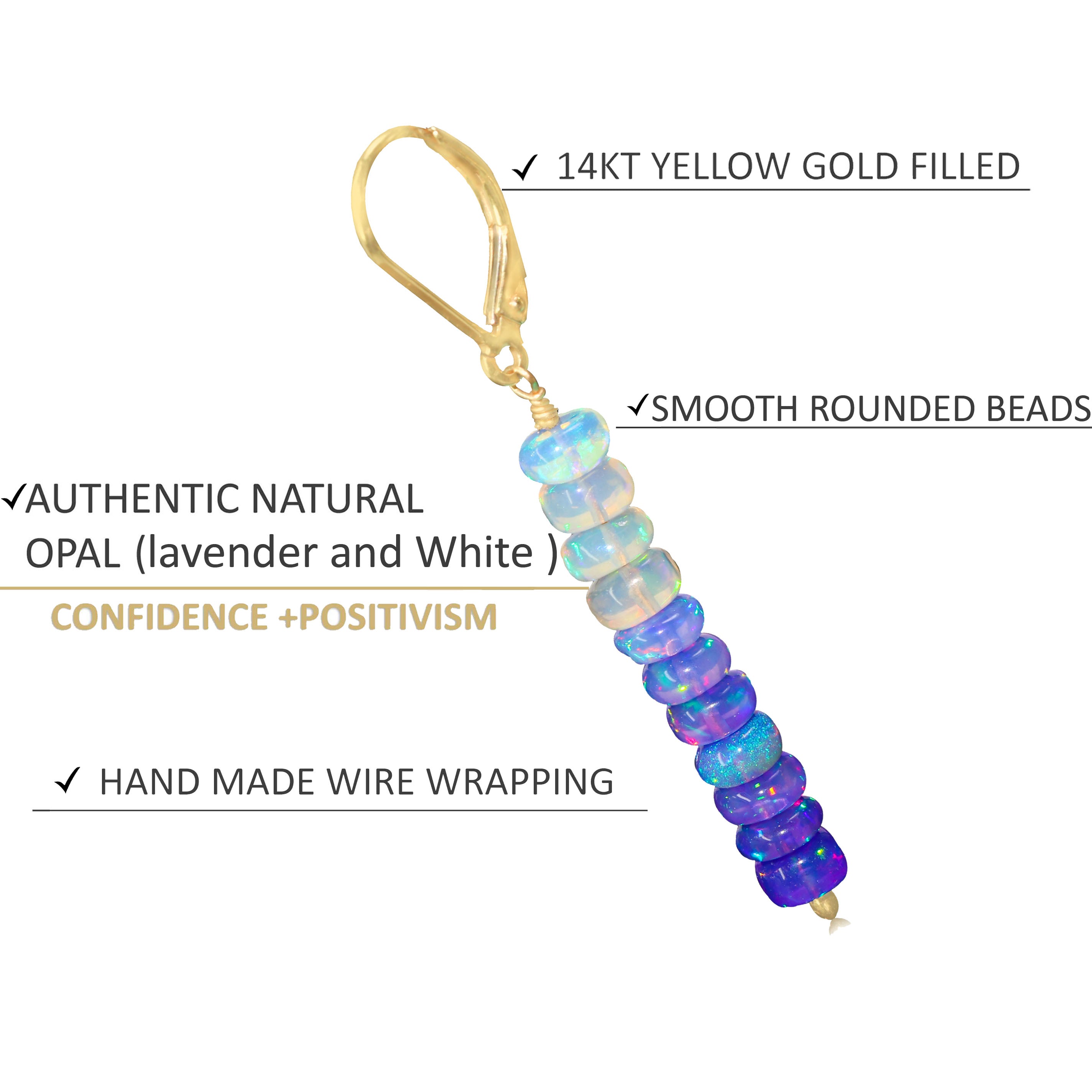 Natural Lavender Opal Linear Beaded Dangle Drop Earrings