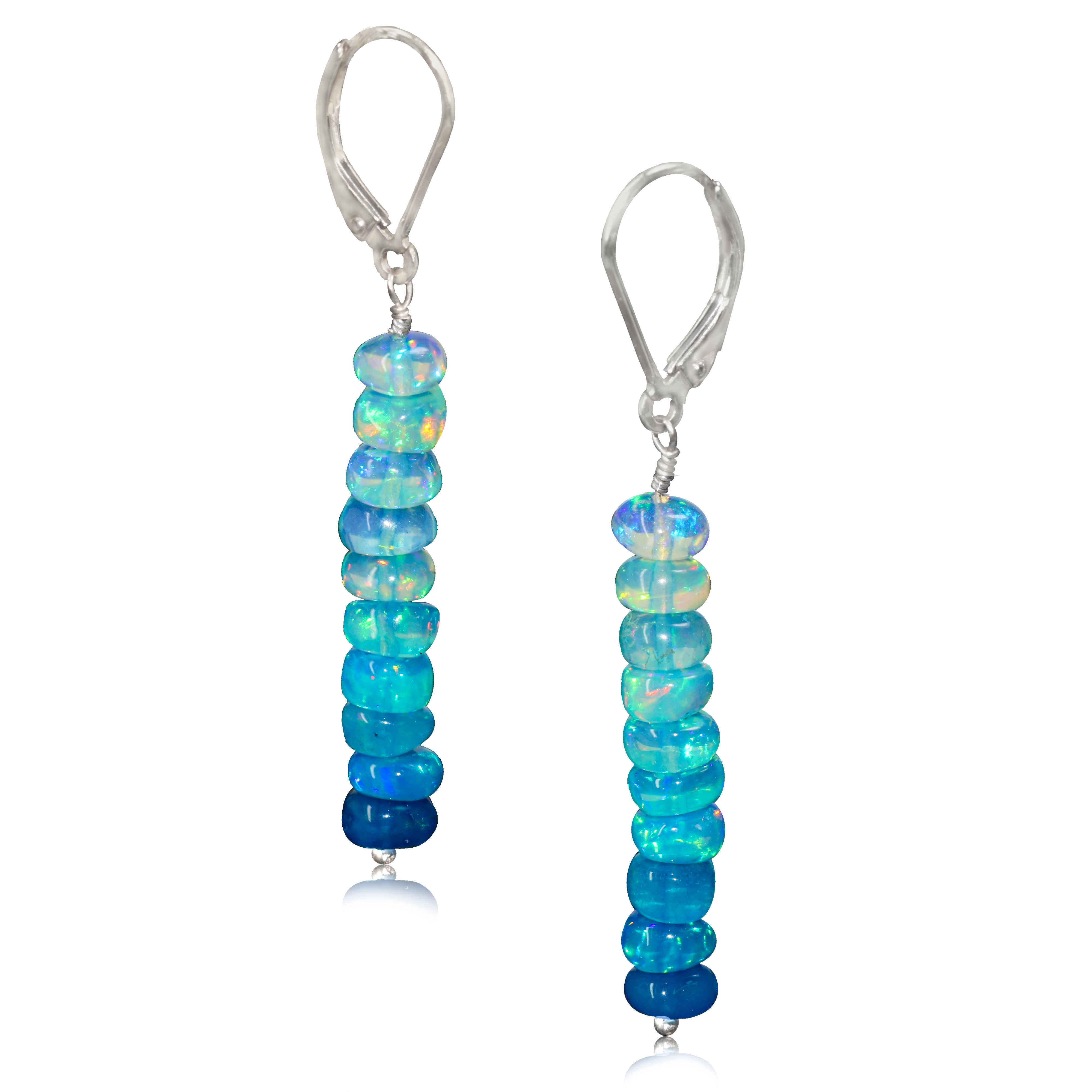 Natural Paraiba Opal Linear Beaded Dangle Drop Earrings