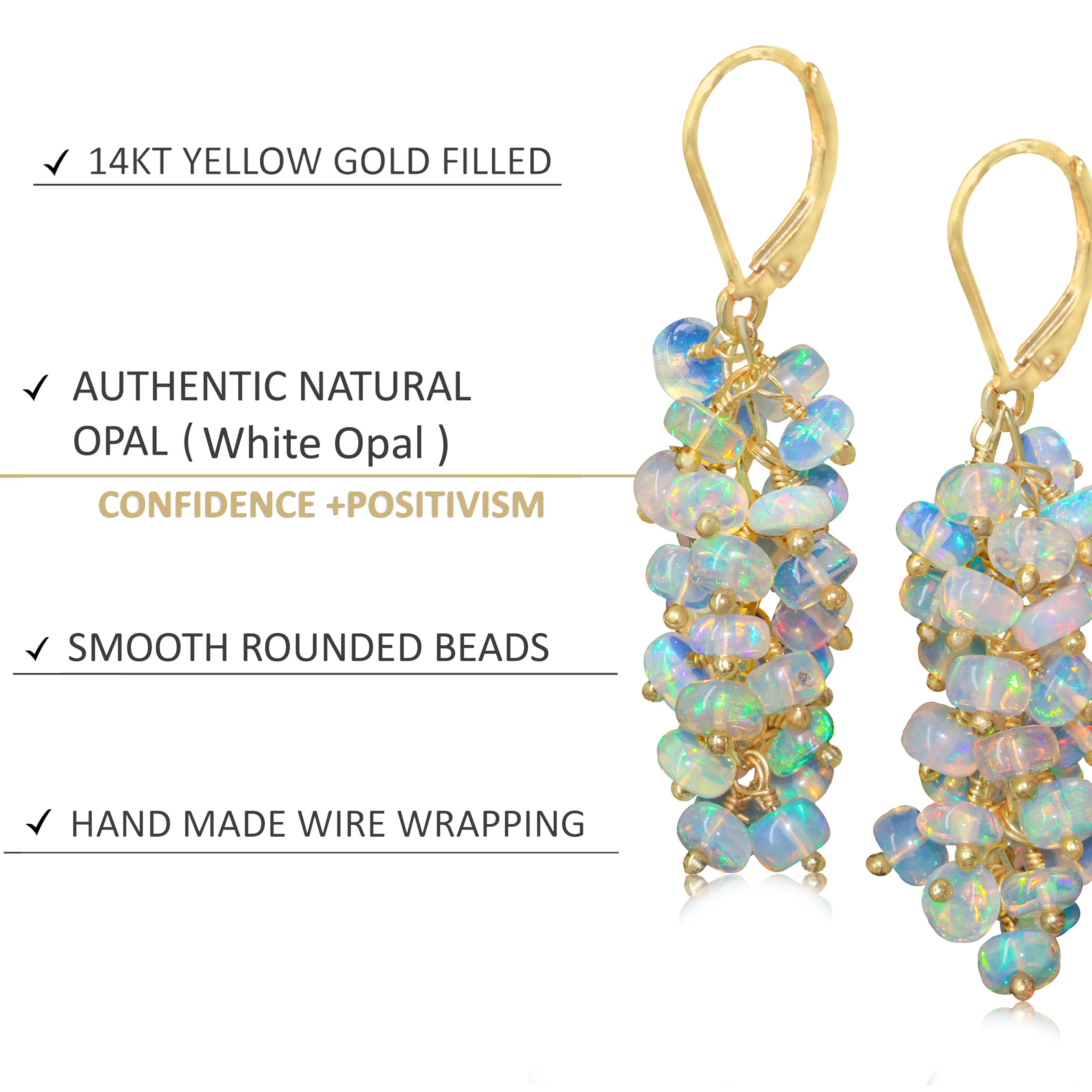 Natural White Opal Beaded Cluster Dangle Earrings