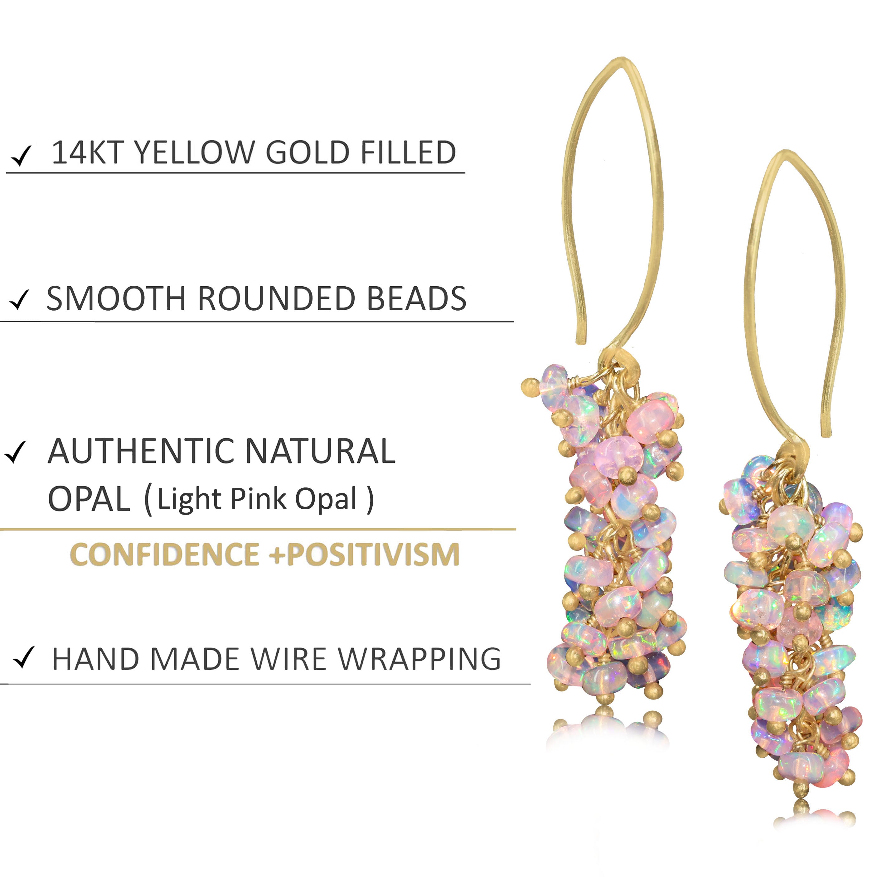 Natural Pink Opal French Hook Style Beaded Cluster Earrings
