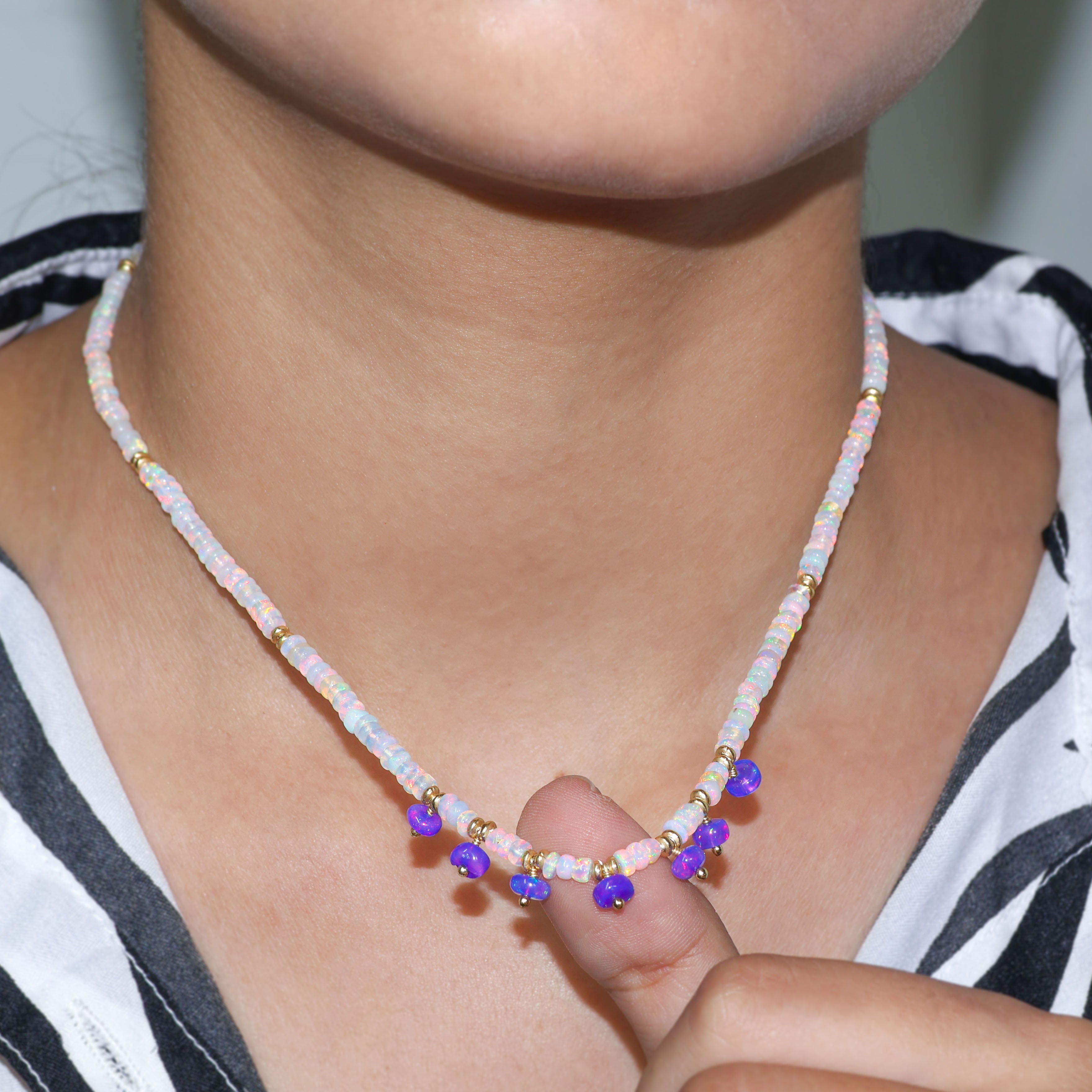 7 Beaded Choker Necklace Natural White Lavender Opal