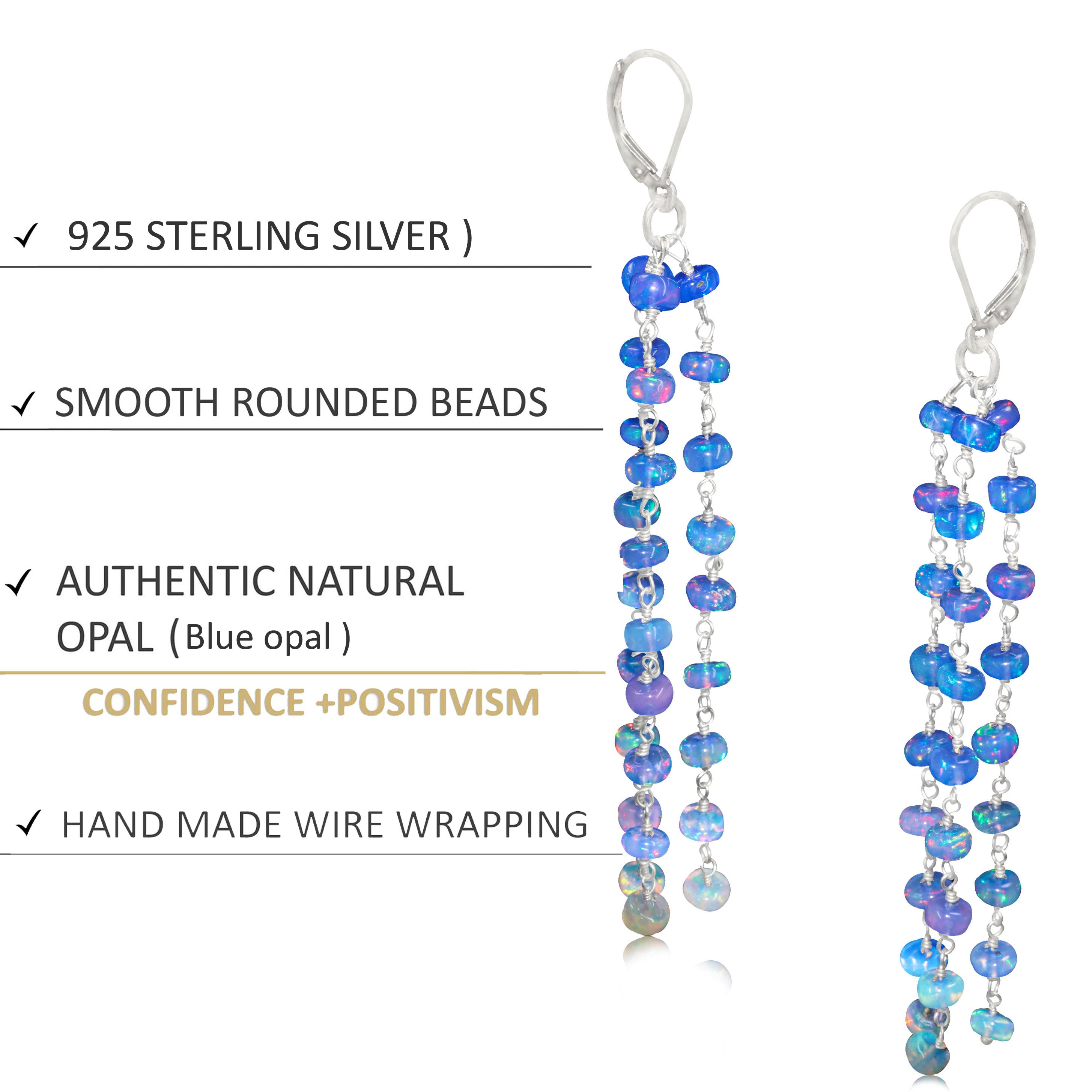 Natural Blue Opal 3 Line Dangle Drop Handmade Earrings