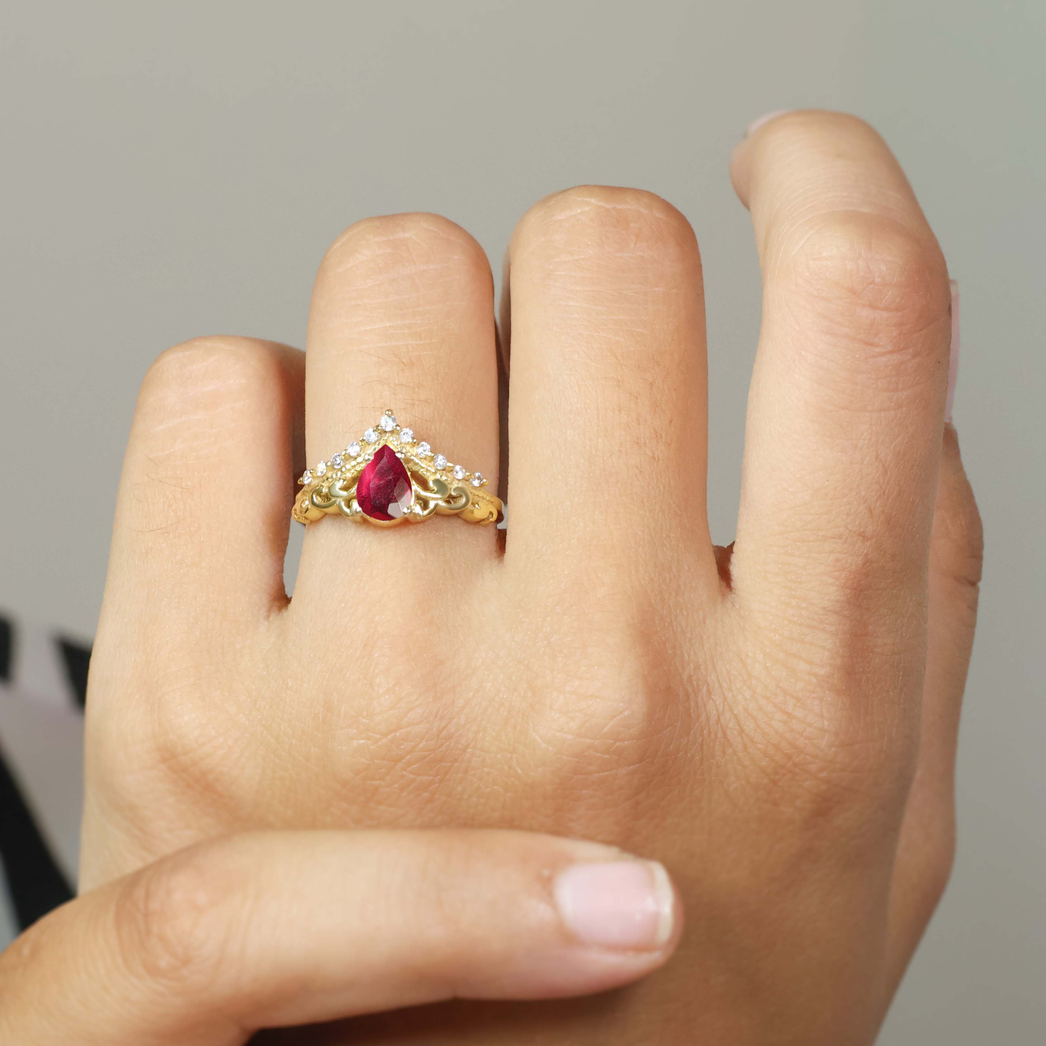 Genuine Red Ruby Gemstone Crown Style Ring