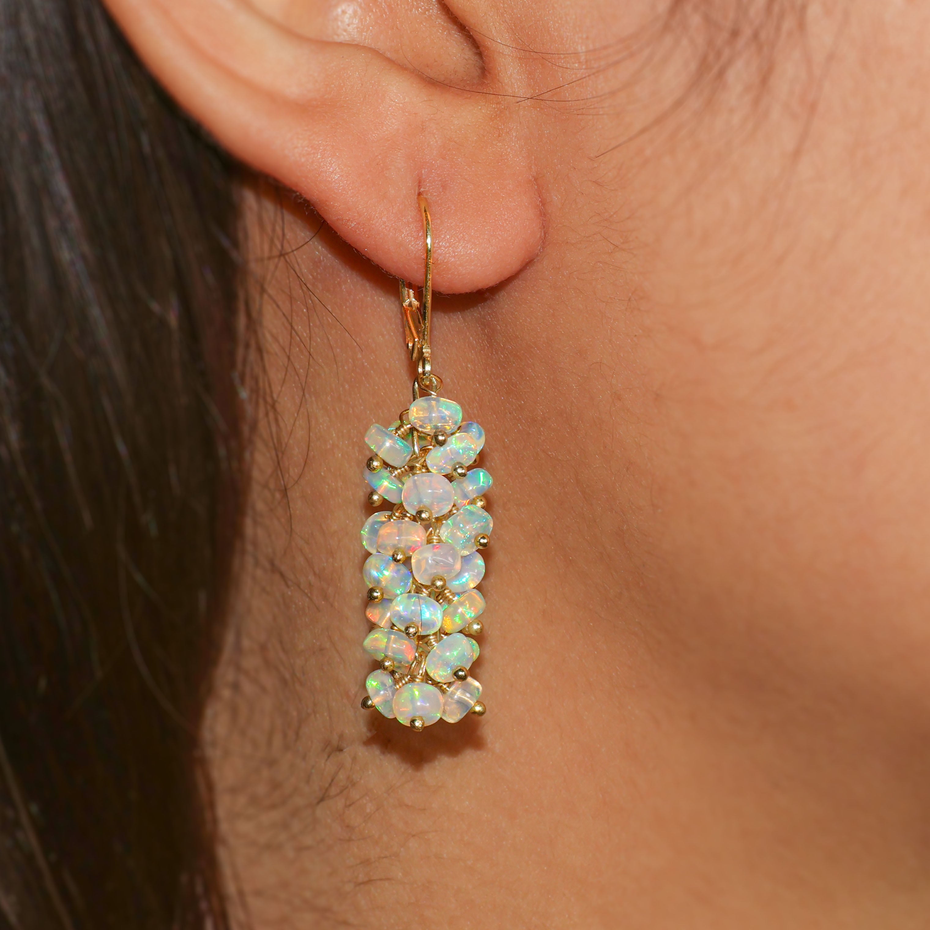 Natural White Opal Beaded Cluster Dangle Earrings