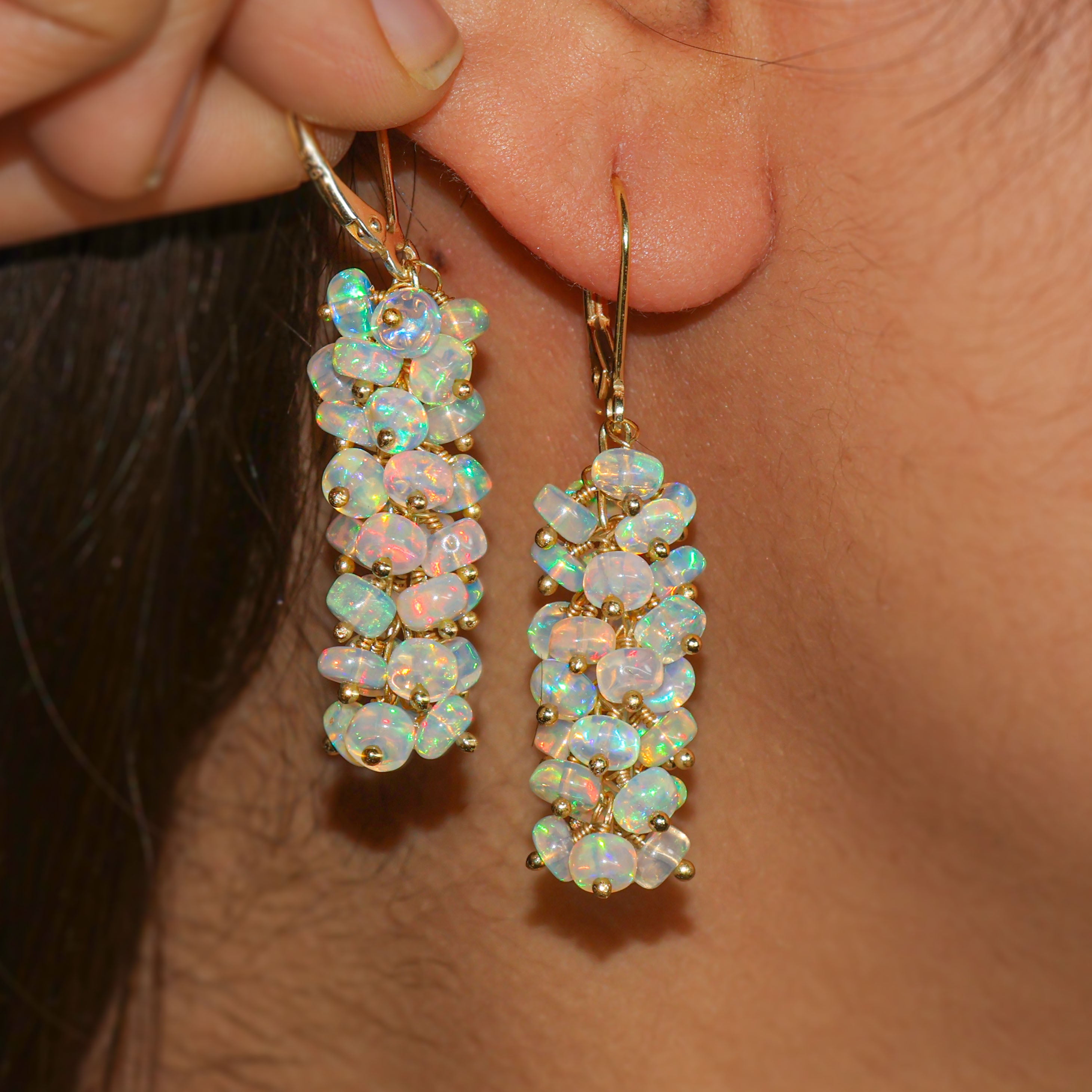 Natural White Opal Beaded Cluster Dangle Earrings