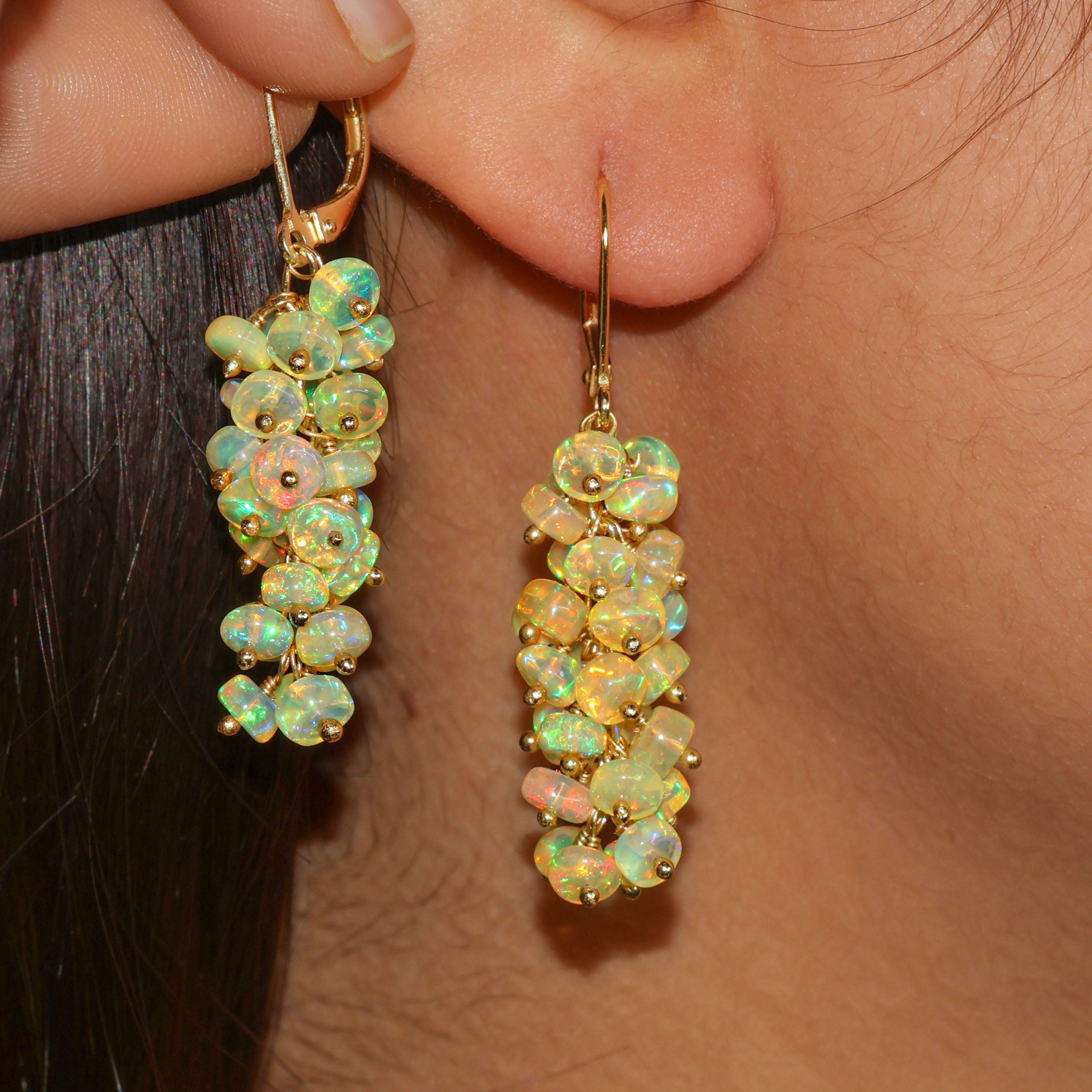 Natural Yellow Opal Beaded Cluster Dangle Earrings