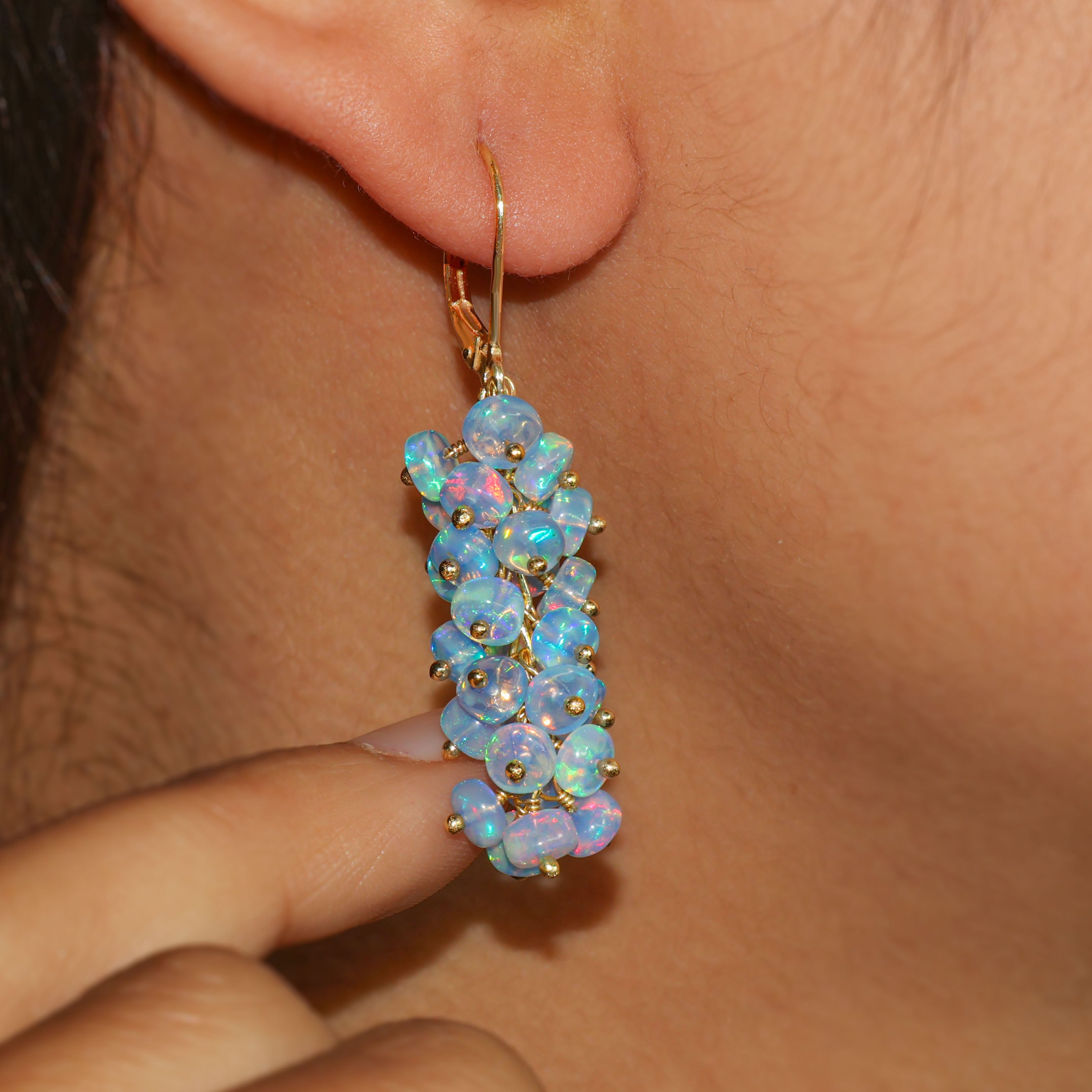 Natural Blue Opal Beaded Cluster Dangle Earrings