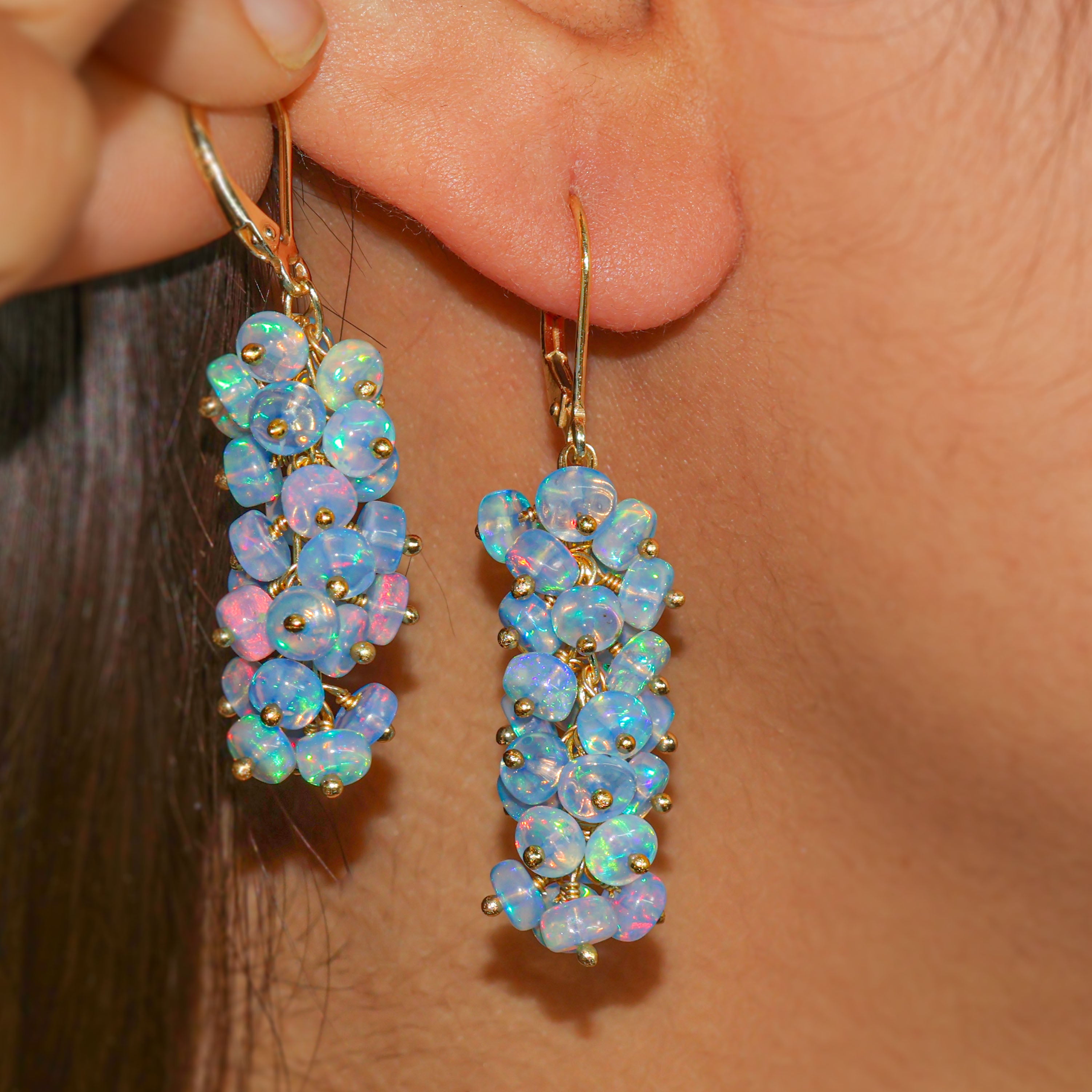Natural Blue Opal Beaded Cluster Dangle Earrings
