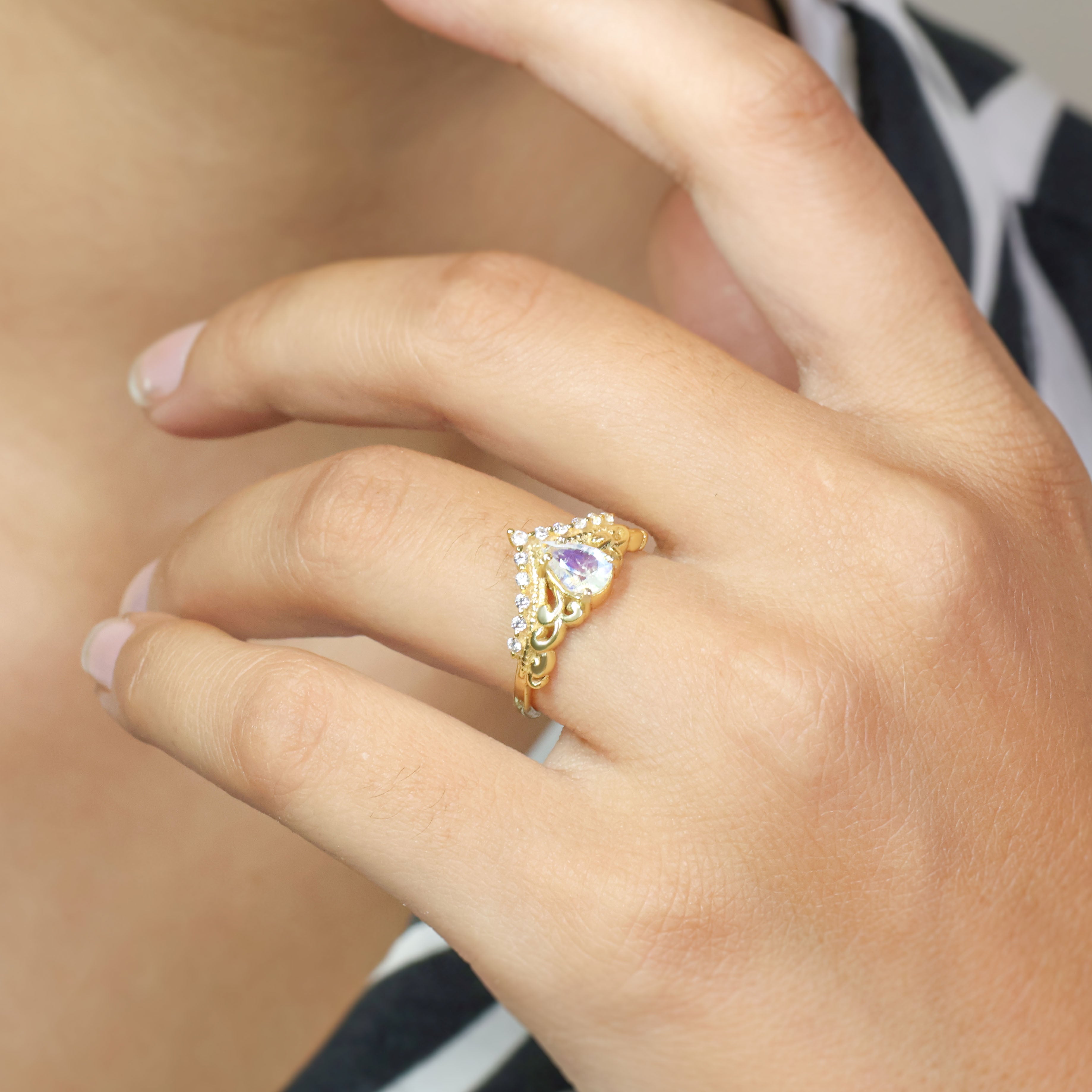 Pear Shape Natural Moonstone Crown Style Wishbone Ring