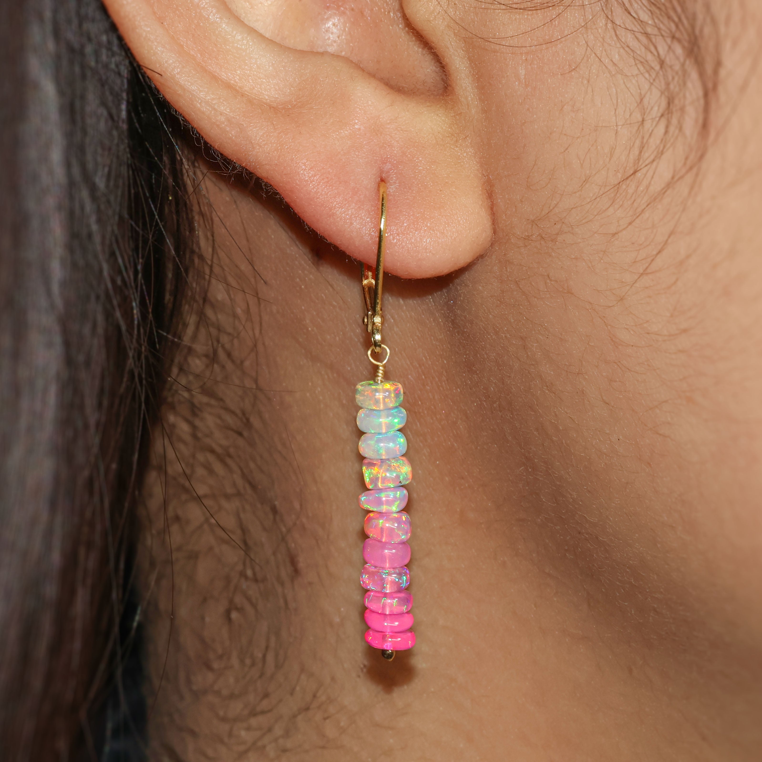 Natural Pink Opal Linear Beaded Dangle Drop Earrings