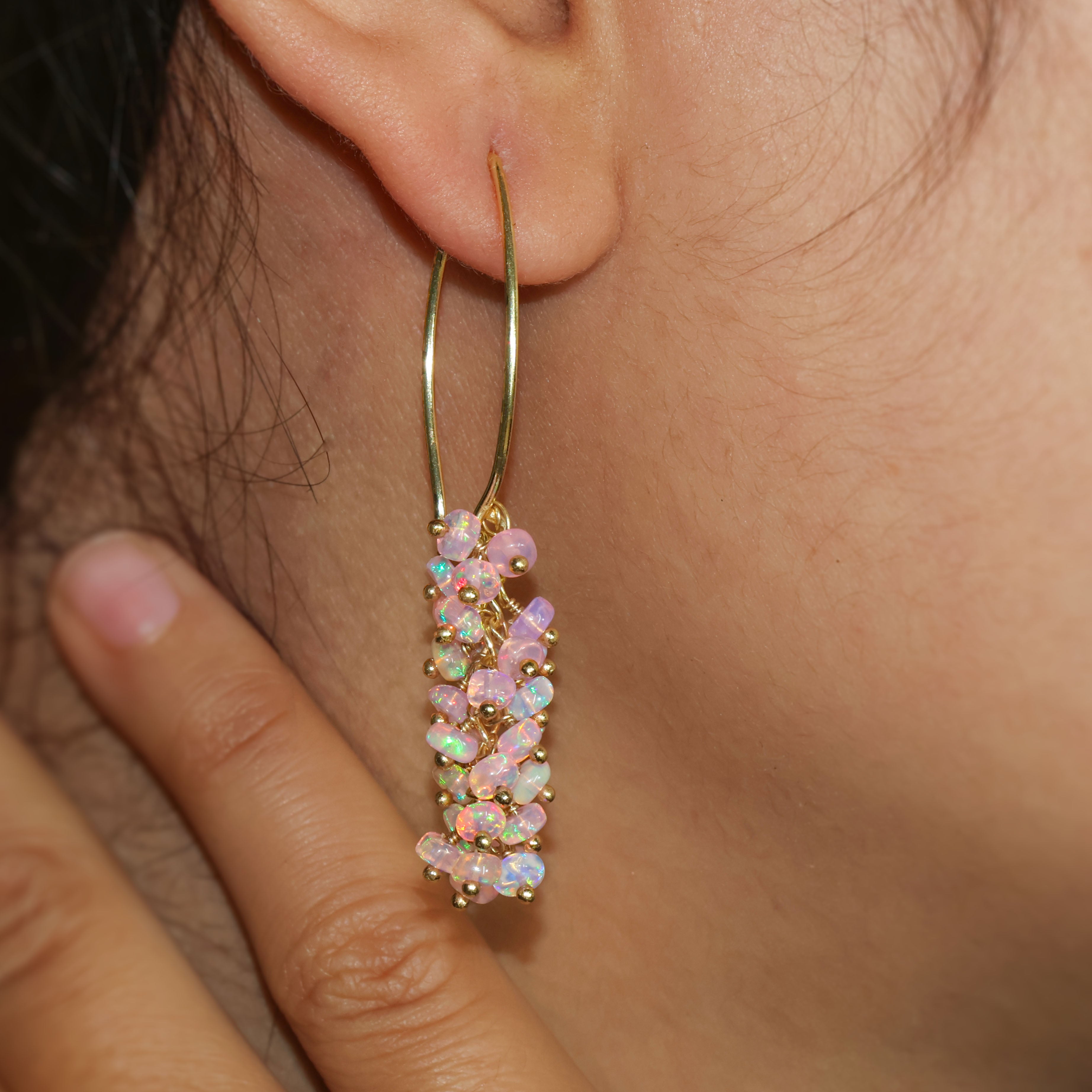 Natural Pink Opal French Hook Style Beaded Cluster Earrings