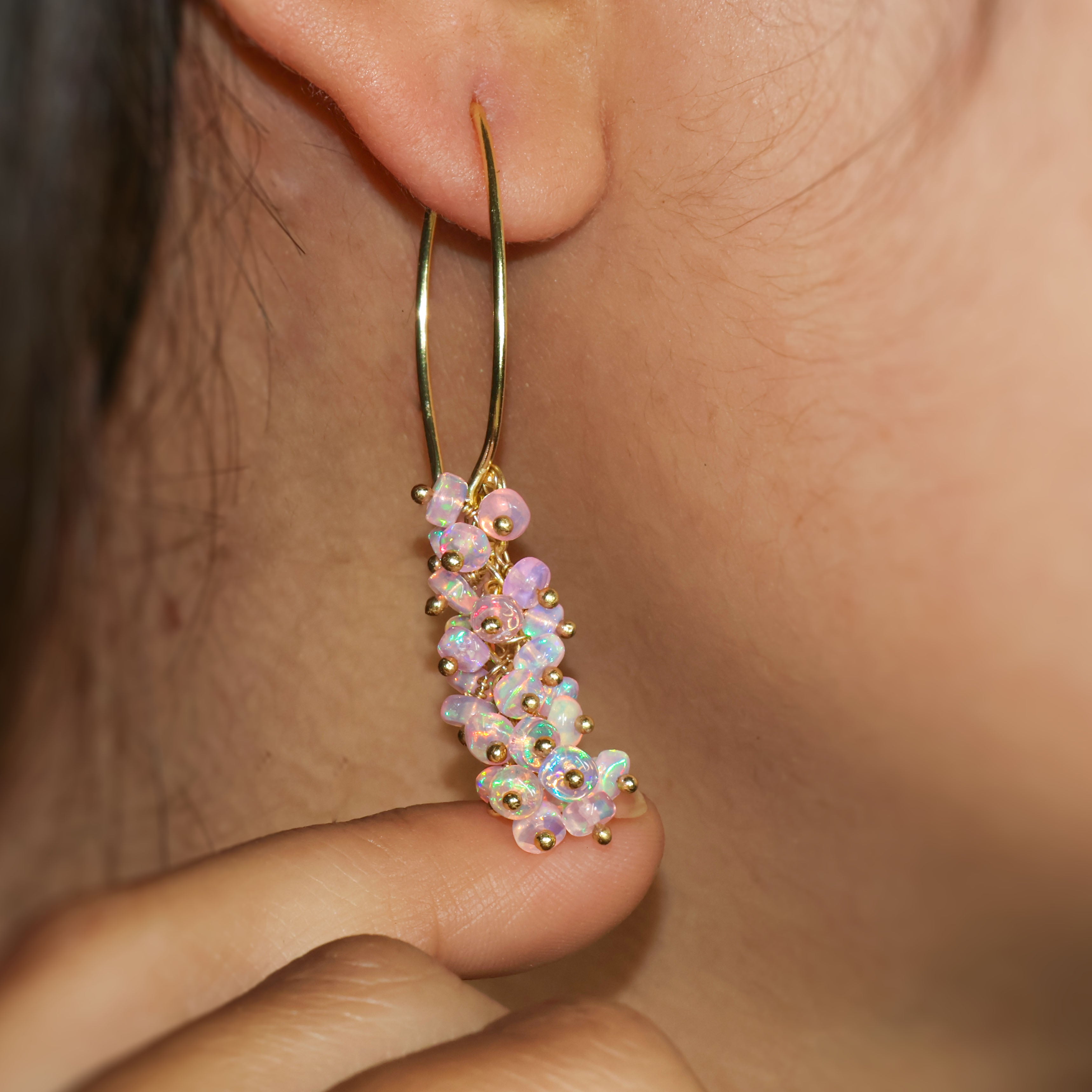 Natural Pink Opal French Hook Style Beaded Cluster Earrings