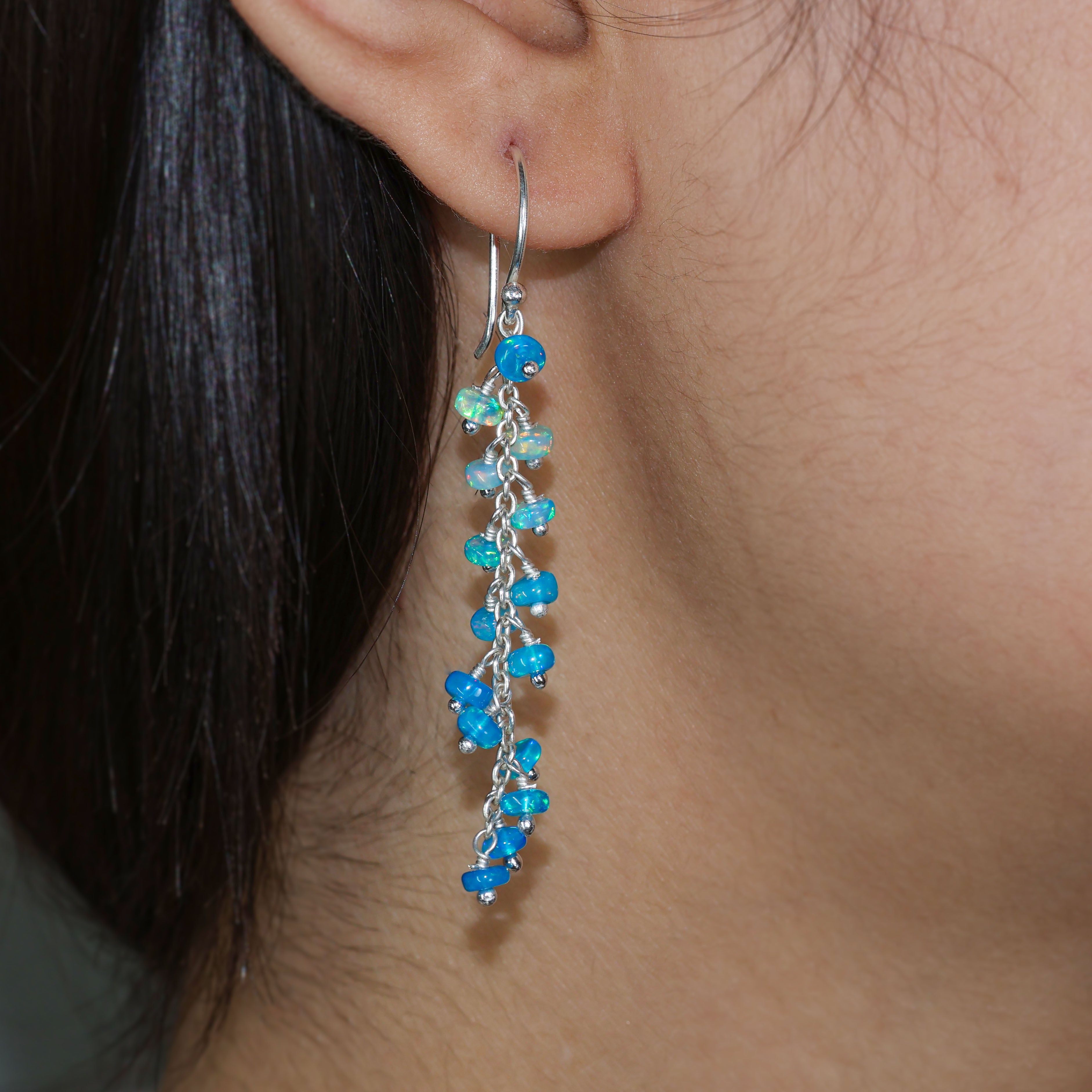Natural Paraiba Opal Beaded Long Cluster Dangle Earrings
