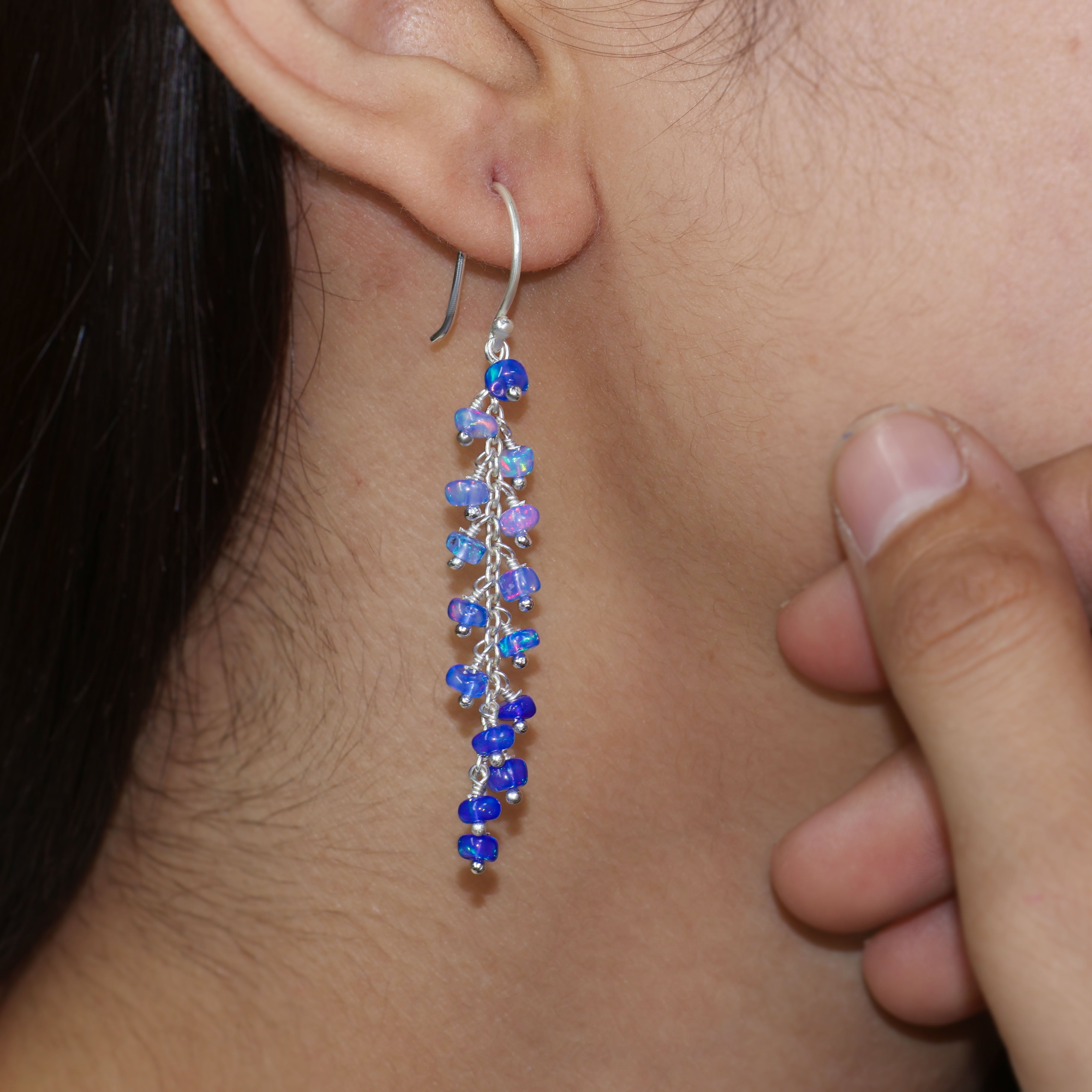 Natural Blue Opal Beaded Long Cluster Dangle Earrings