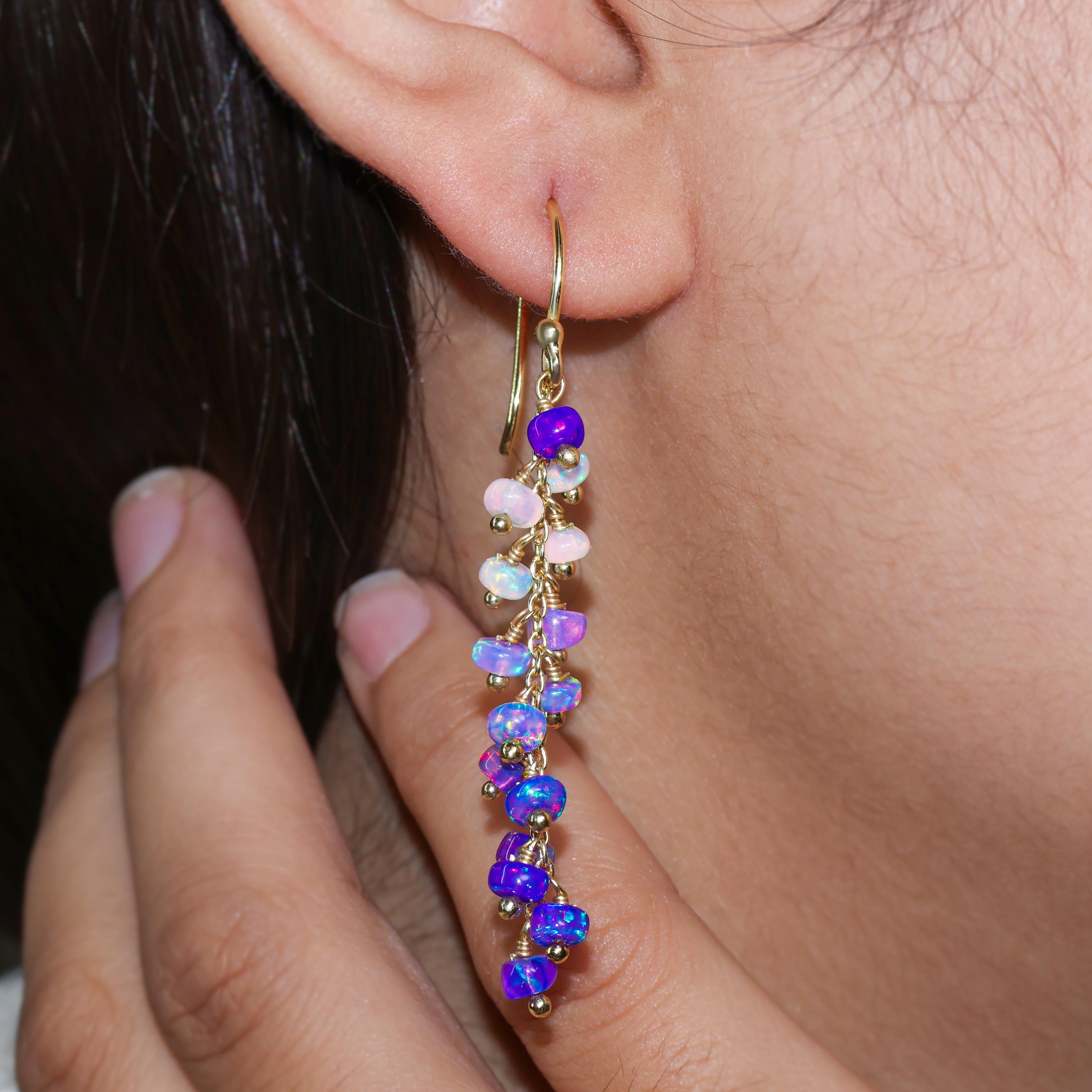 Natural Lavender Opal Beaded Long Cluster Dangle Earrings