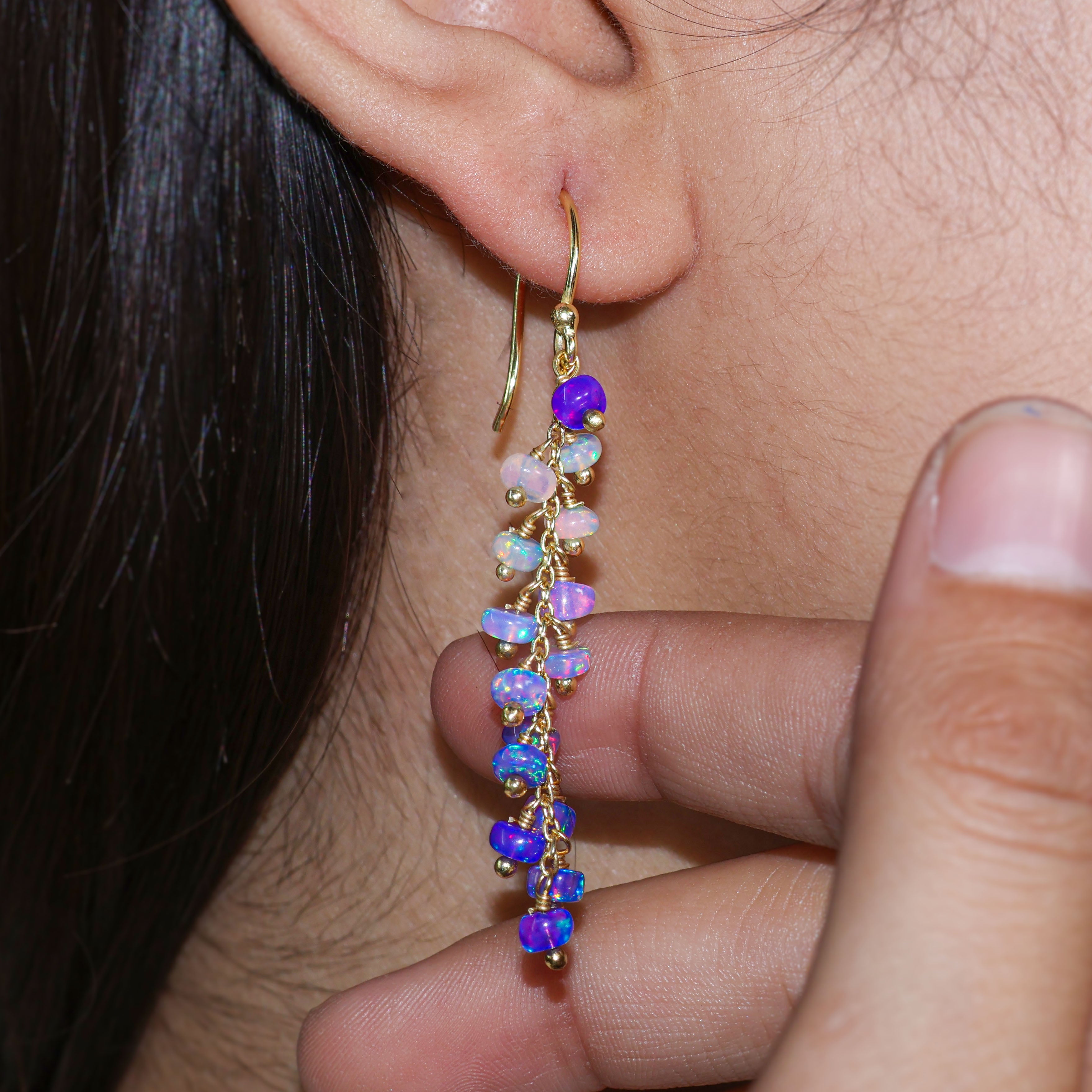 Natural Lavender Opal Beaded Long Cluster Dangle Earrings
