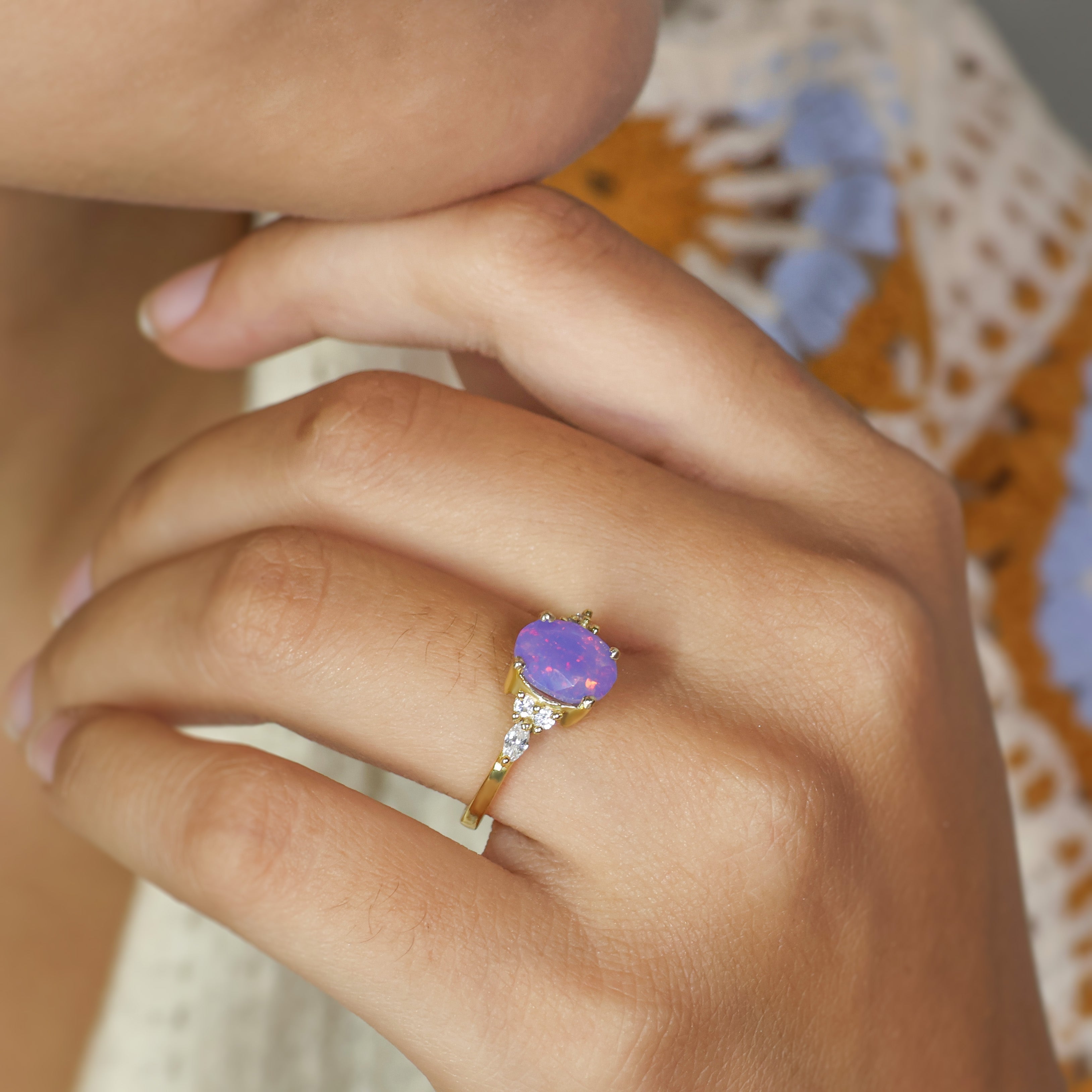 Oval Shape Natural Lavender Opal & Zircon Solitaire with Accents Ring