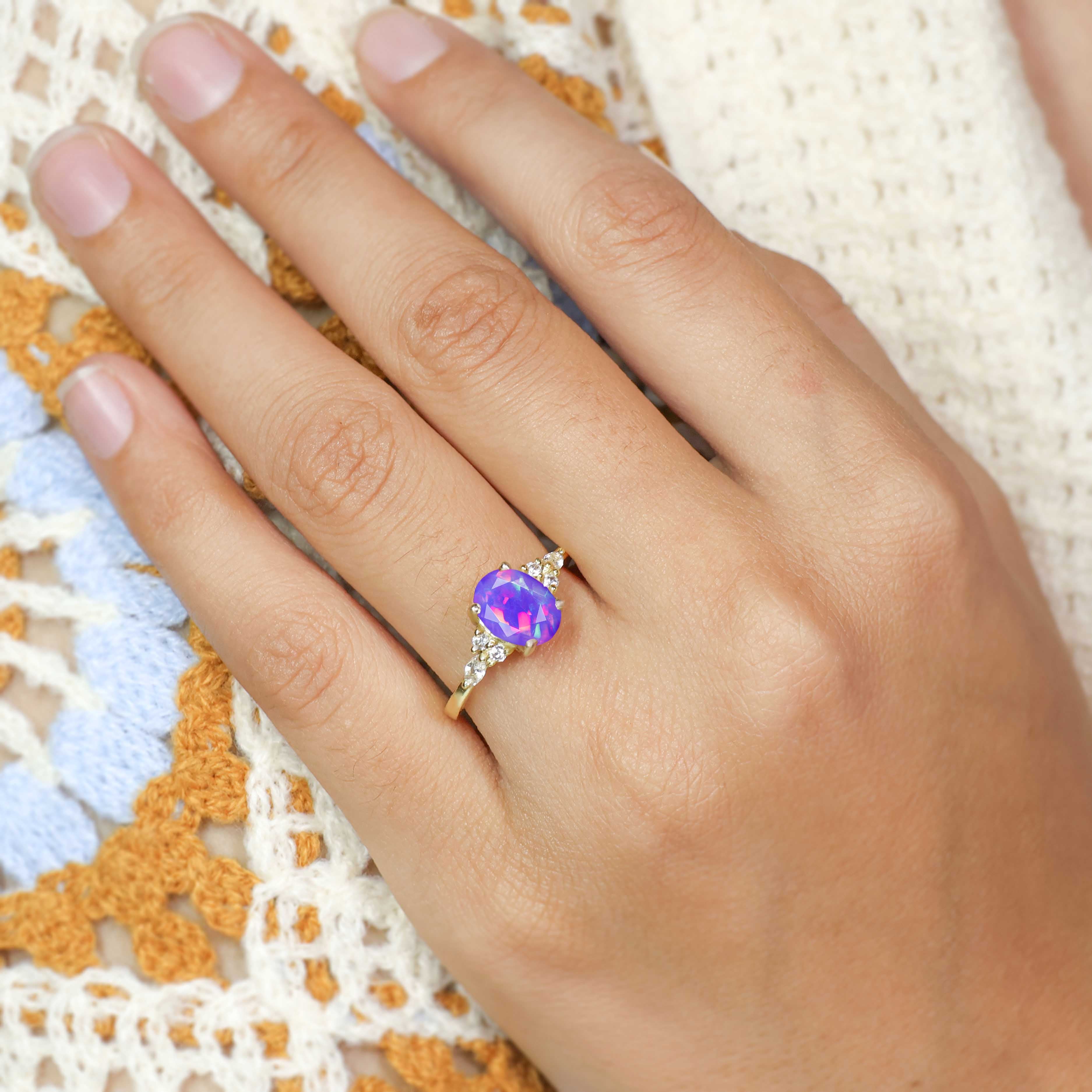 Oval Shape Natural Lavender Opal & Zircon Solitaire with Accents Ring