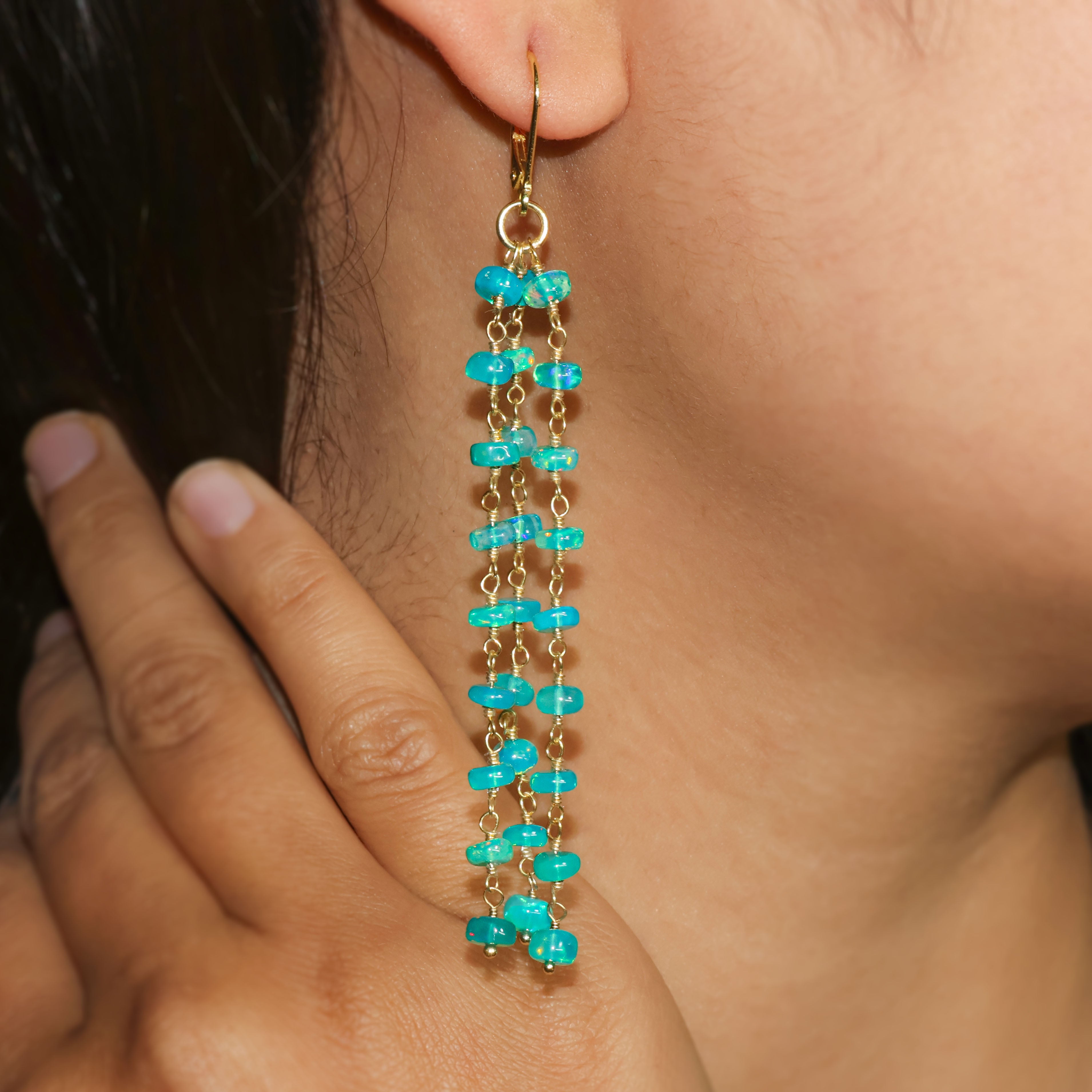 Natural Green Opal 3 Line Dangle Drop Handmade Earrings