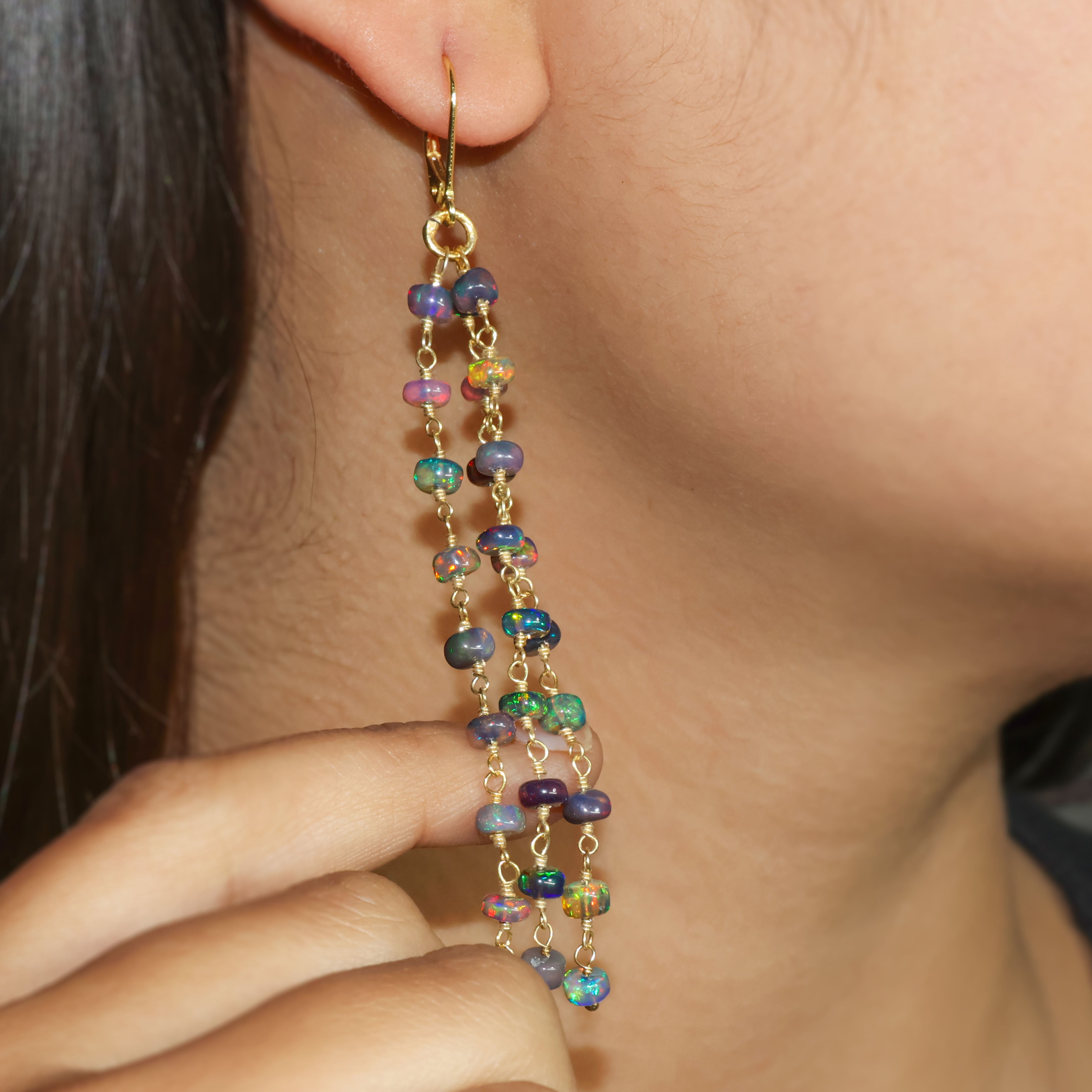 Natural Black Opal 3 Line Dangle Drop Handmade Earrings