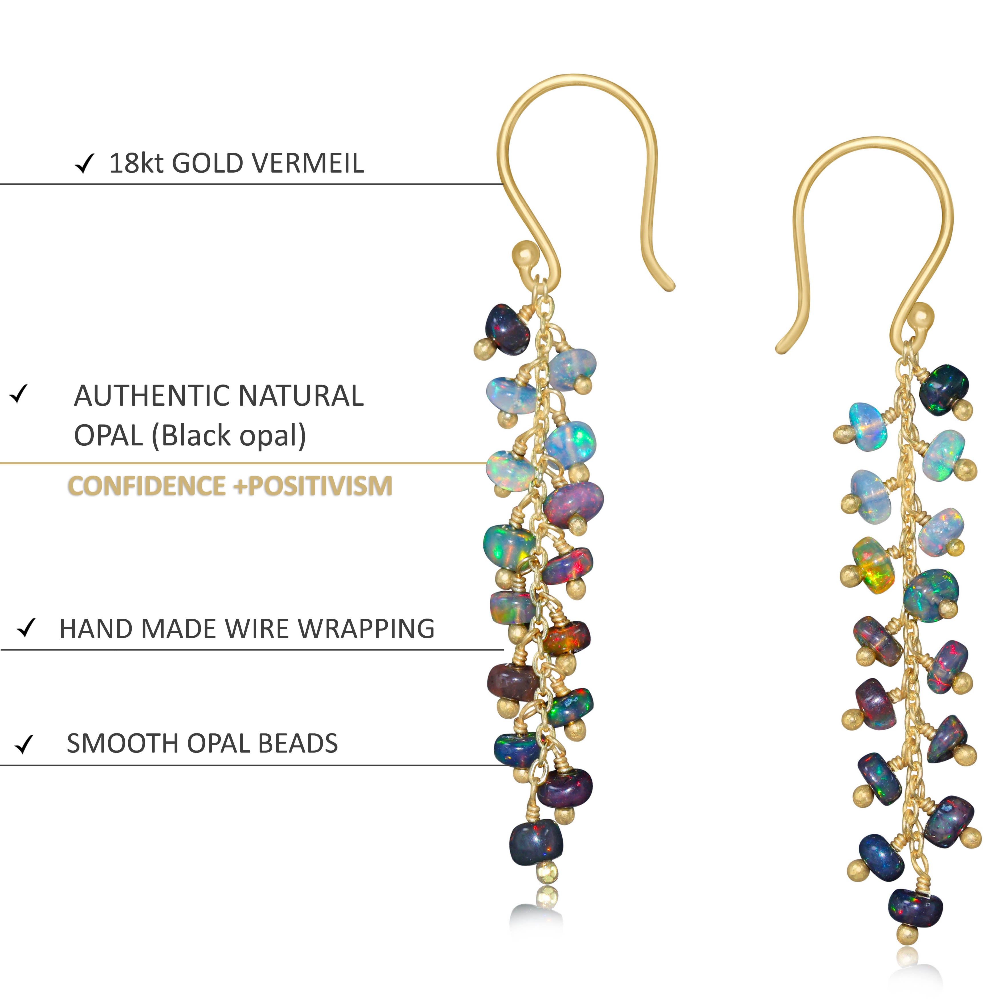 Natural Black Opal Beaded Long Cluster Dangle Earrings