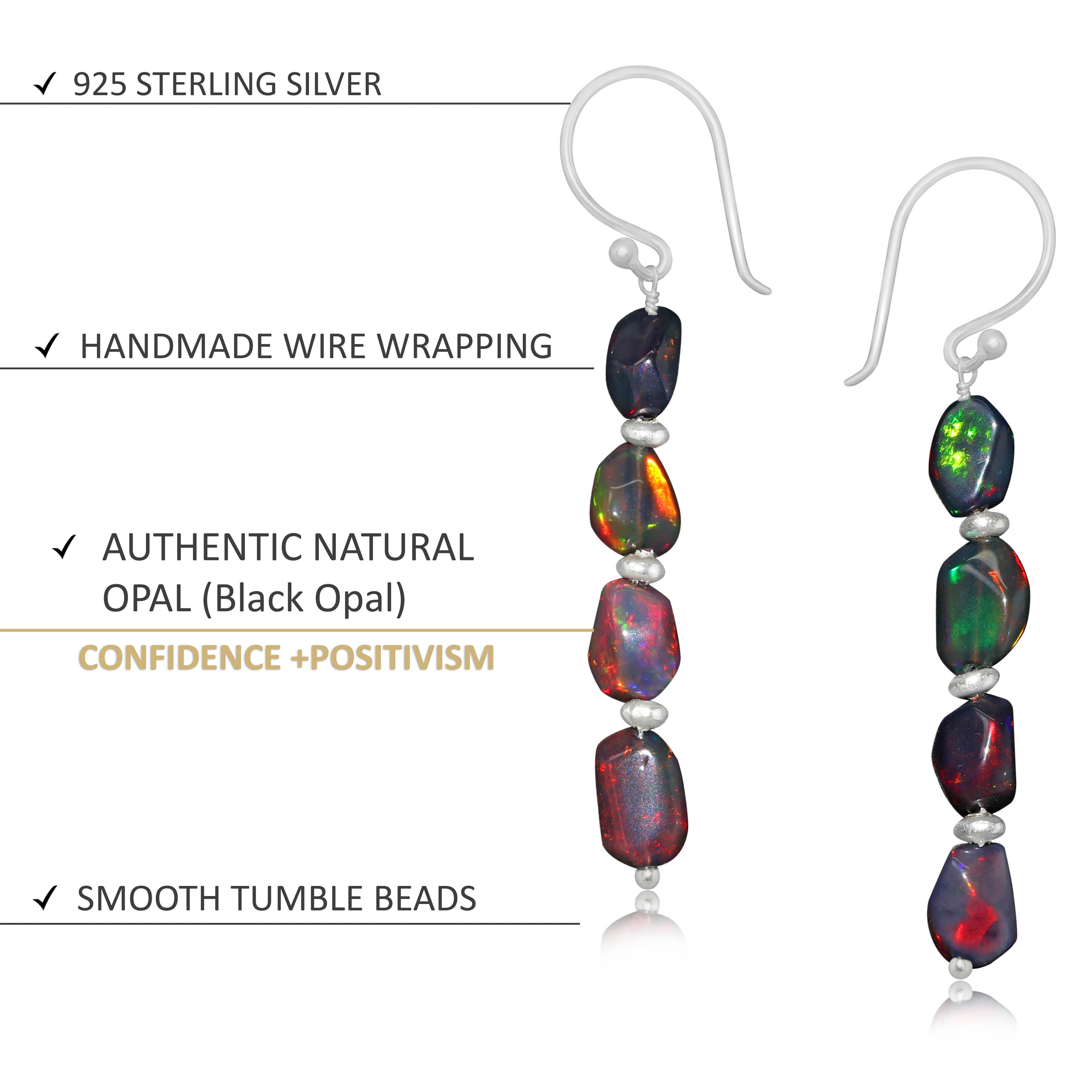 Natural Black Opal Tumble Bead Linear Dangle Earrings