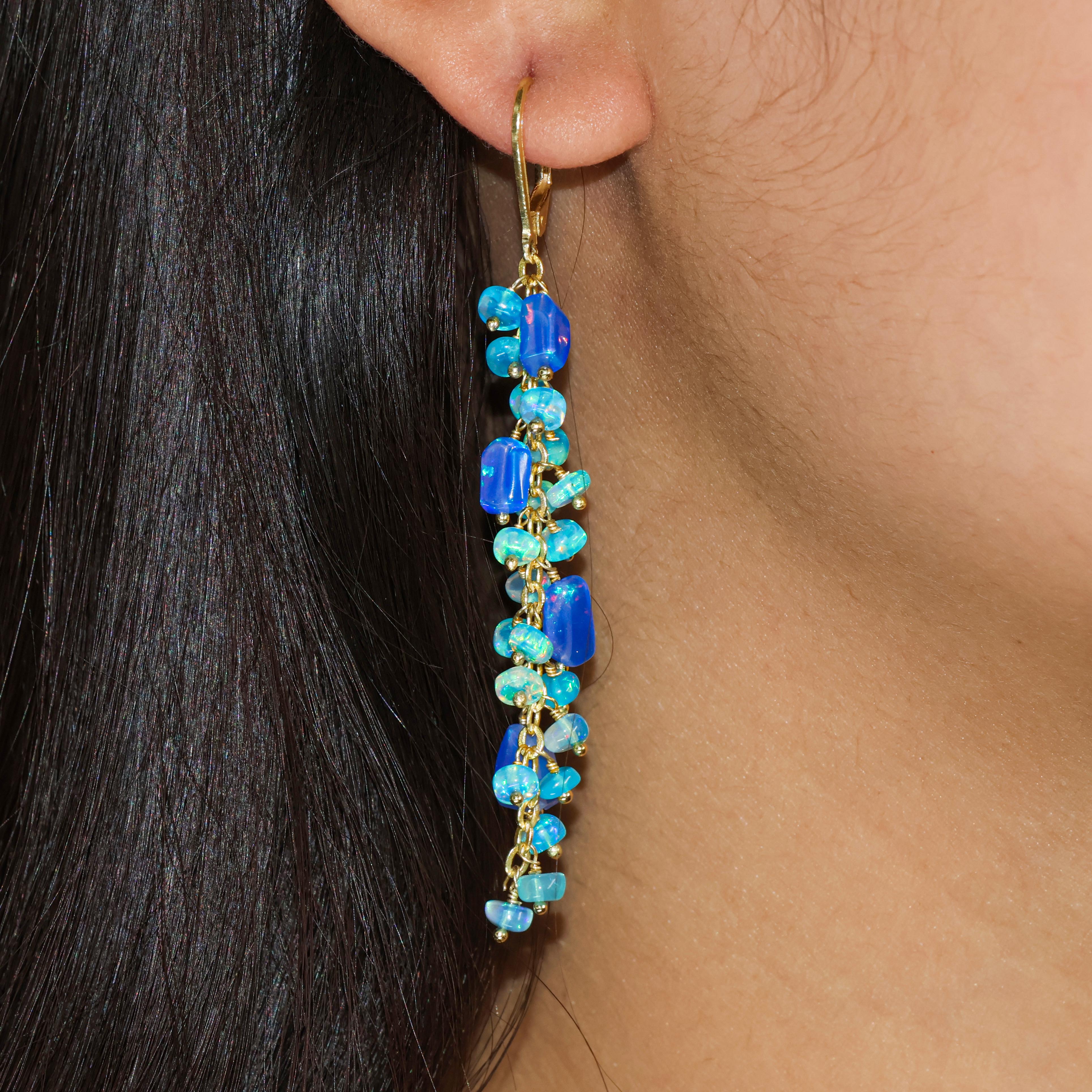 Natural Opal Tumble Beaded Cluster Dangle Drop Earrings