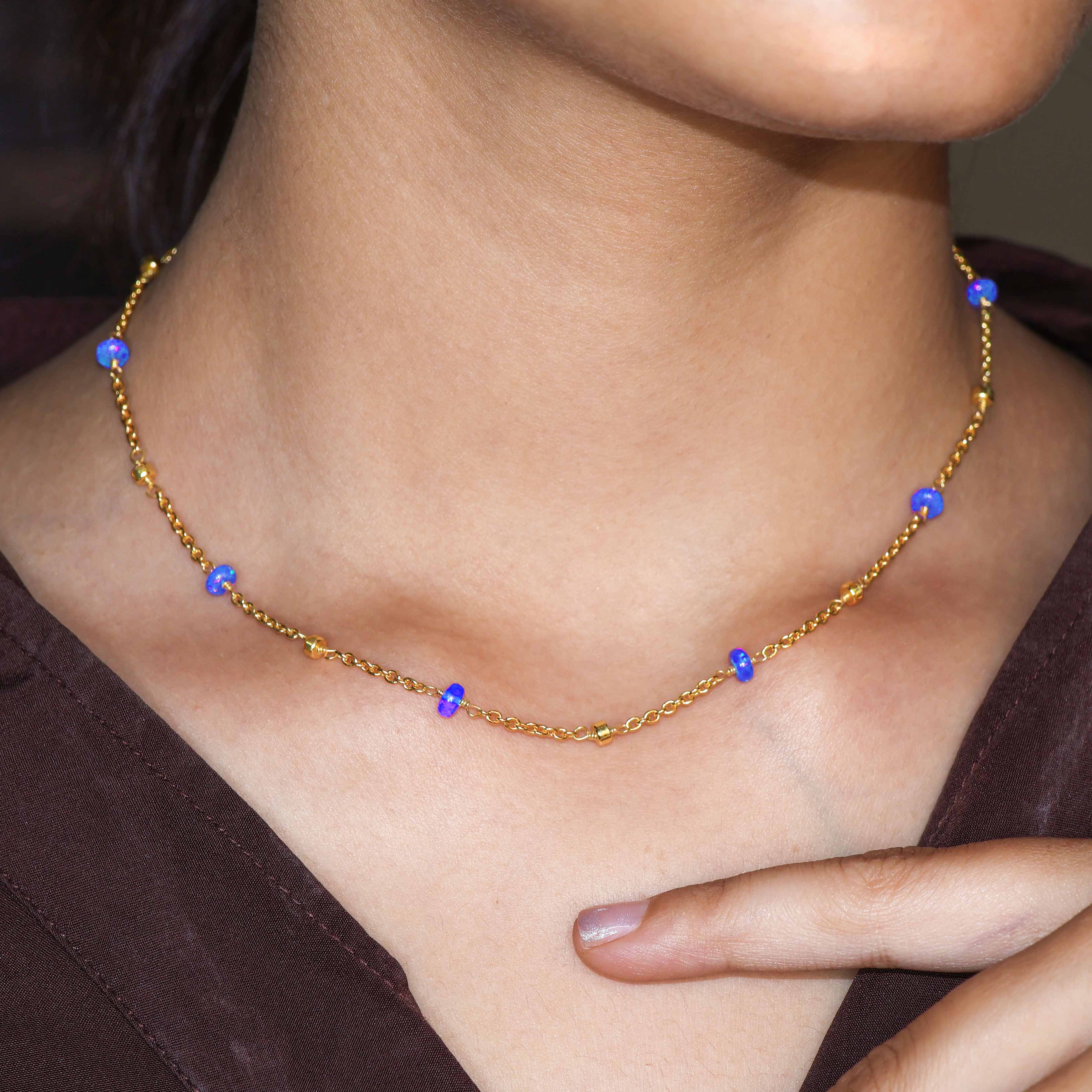 Natural Blue Opal Beaded Chain Necklace for Women