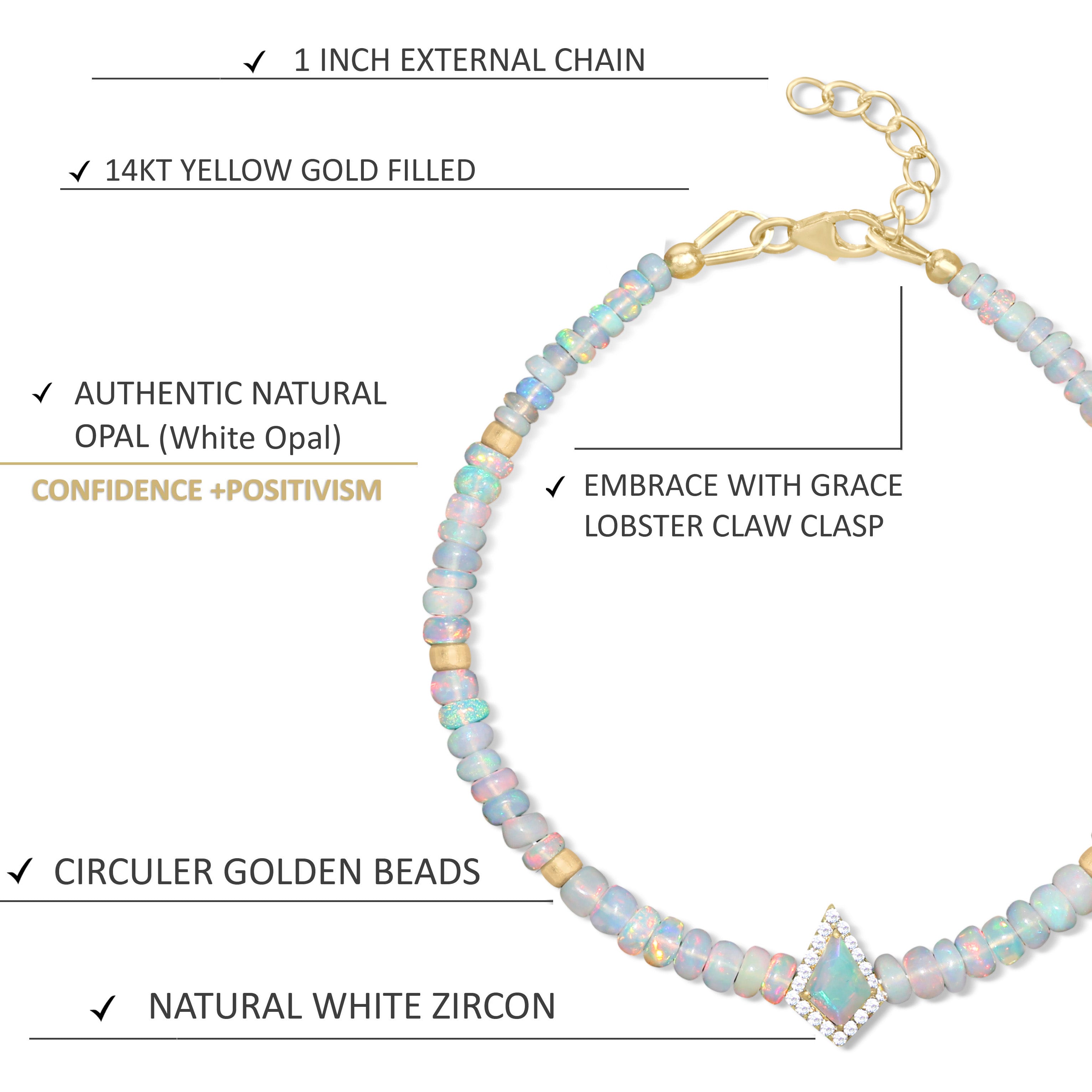 White Opal Beaded Handmade Bracelet, 18k Gold Vermeil, 925 Sterling Silver