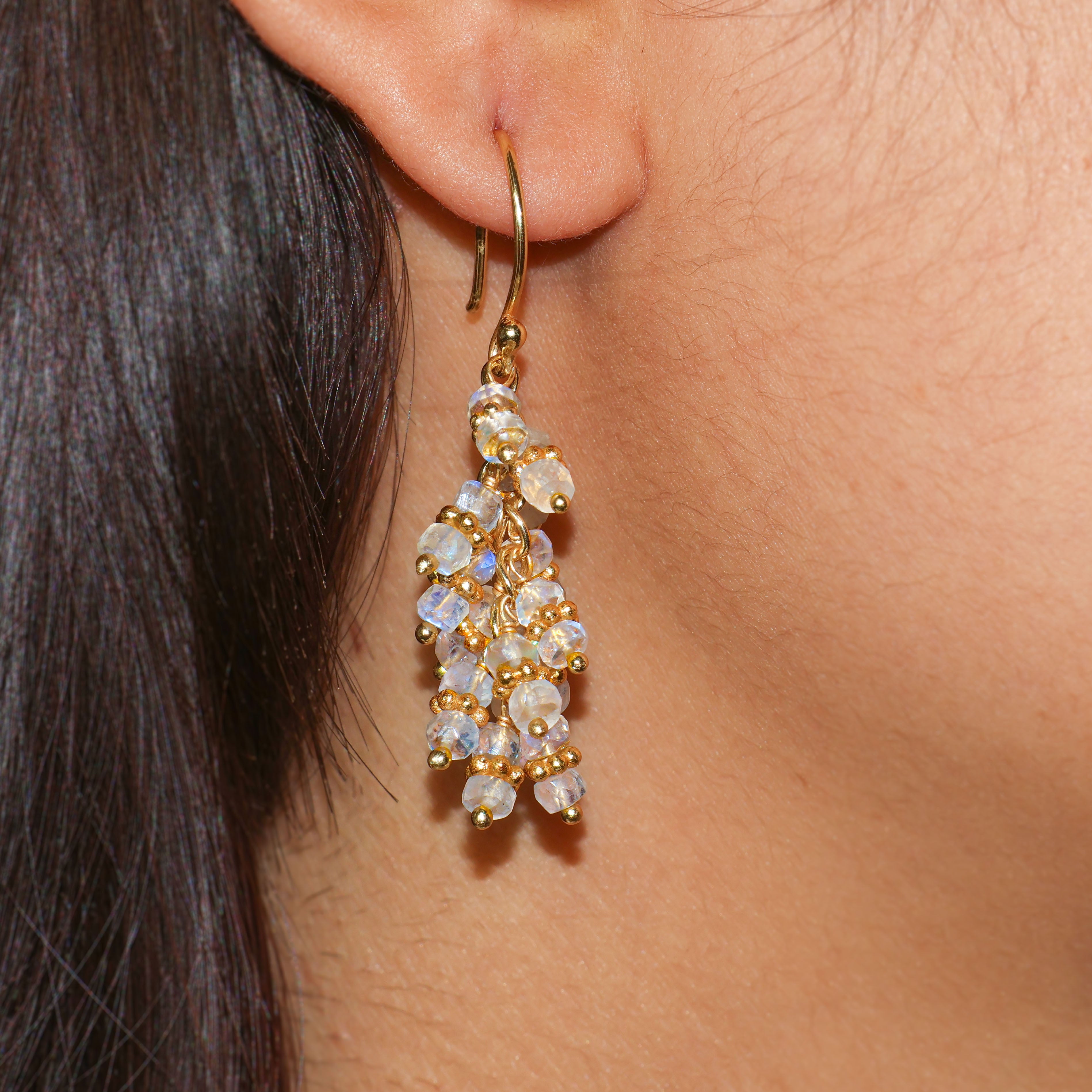 White Rainbow Moonstone Beads Chakri Style Earrings
