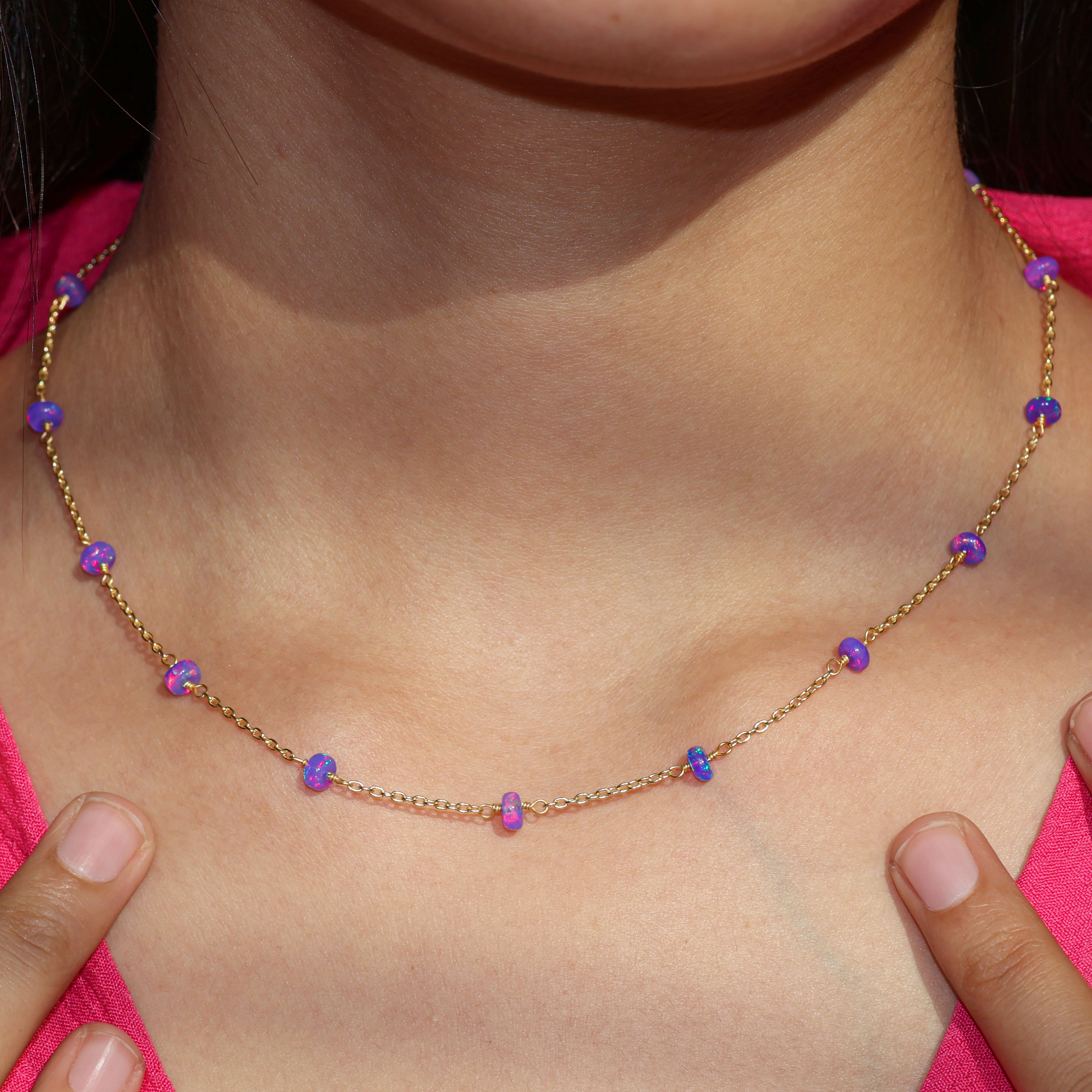 Beaded Chain Necklace for Women Natural Lavender Opal