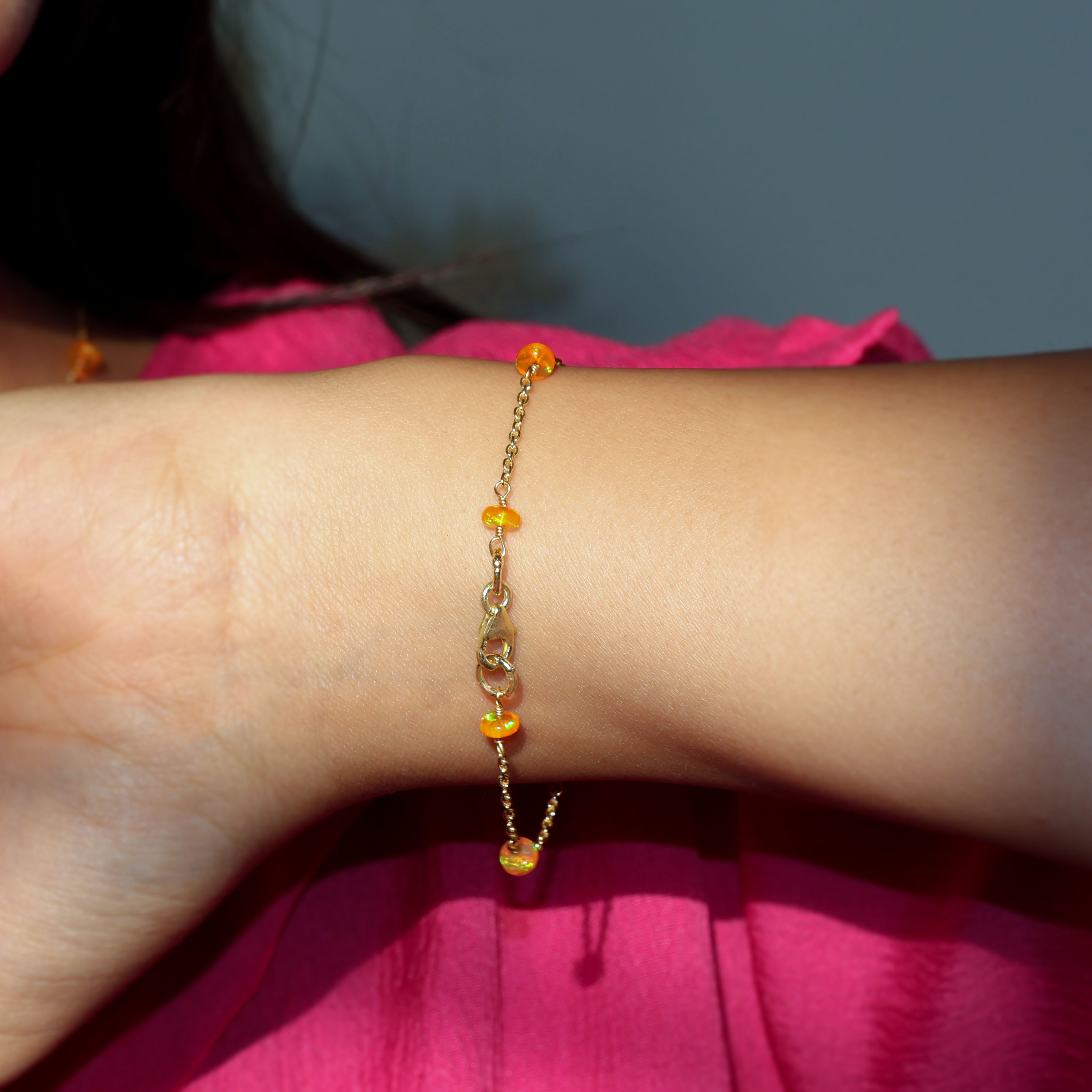Natural Orange Opal Rondelle Minimalist Chain Beaded Bracelet